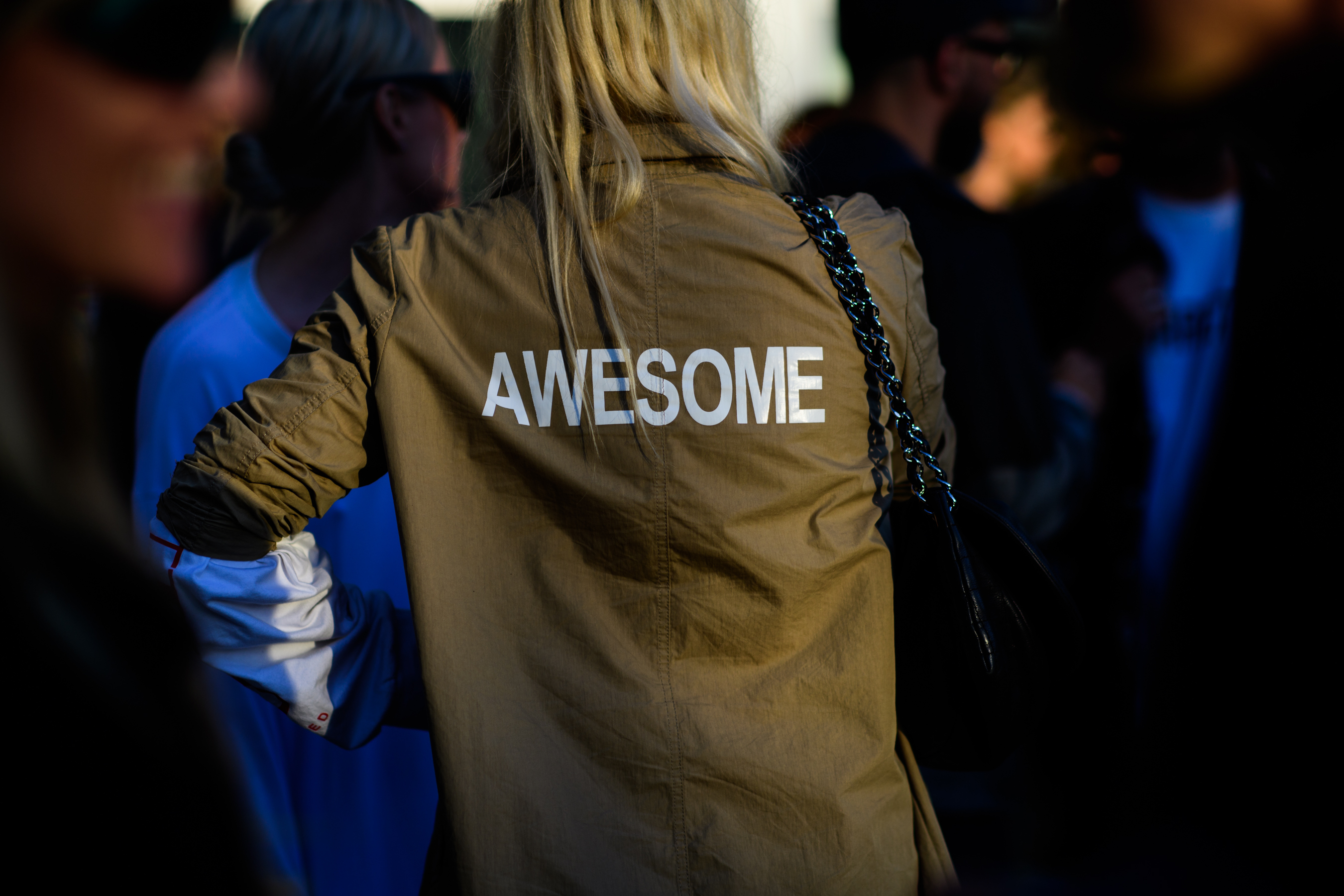 Coat with Awesome written on the back