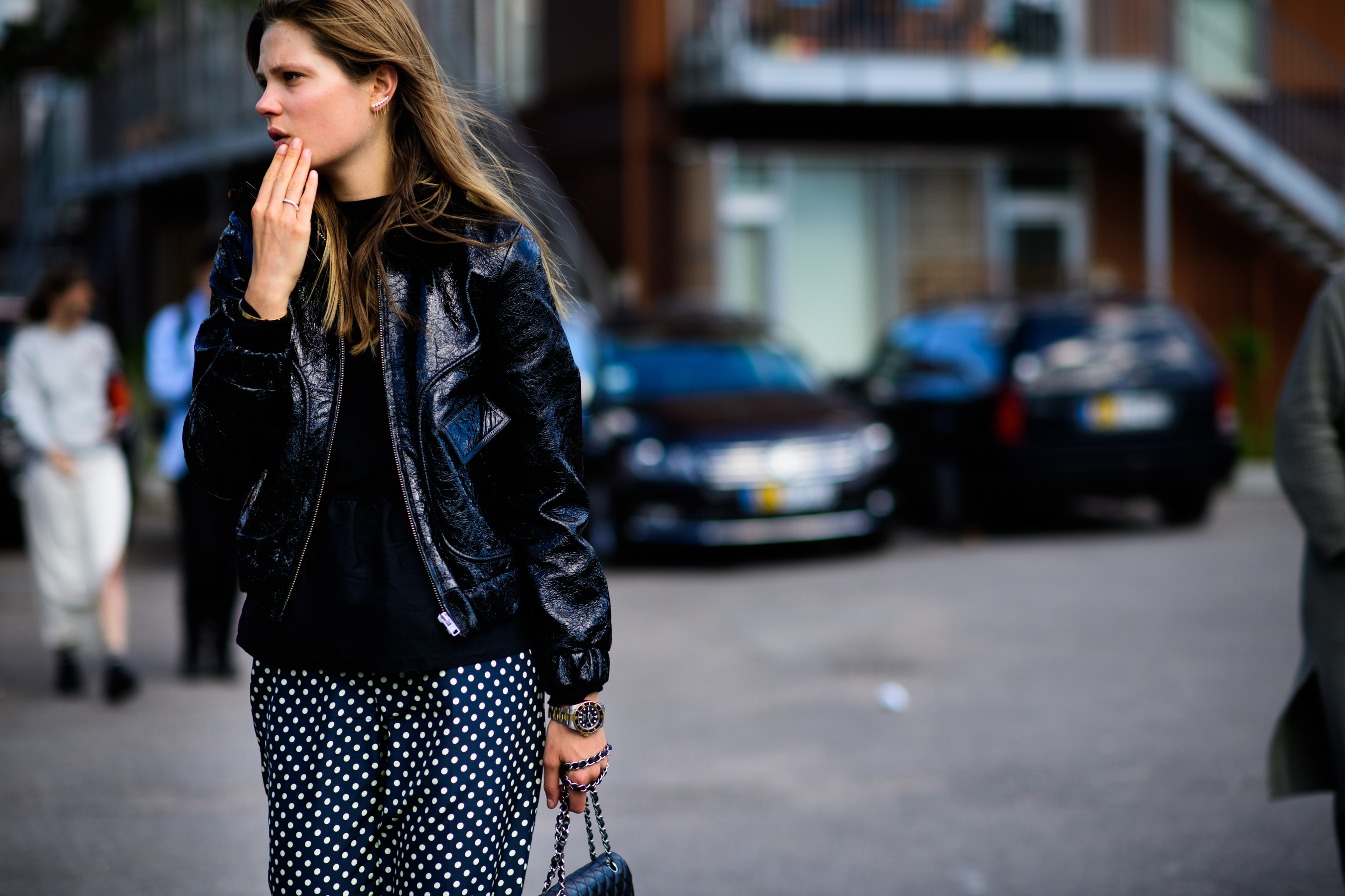 Danish top model wearing shiny leather