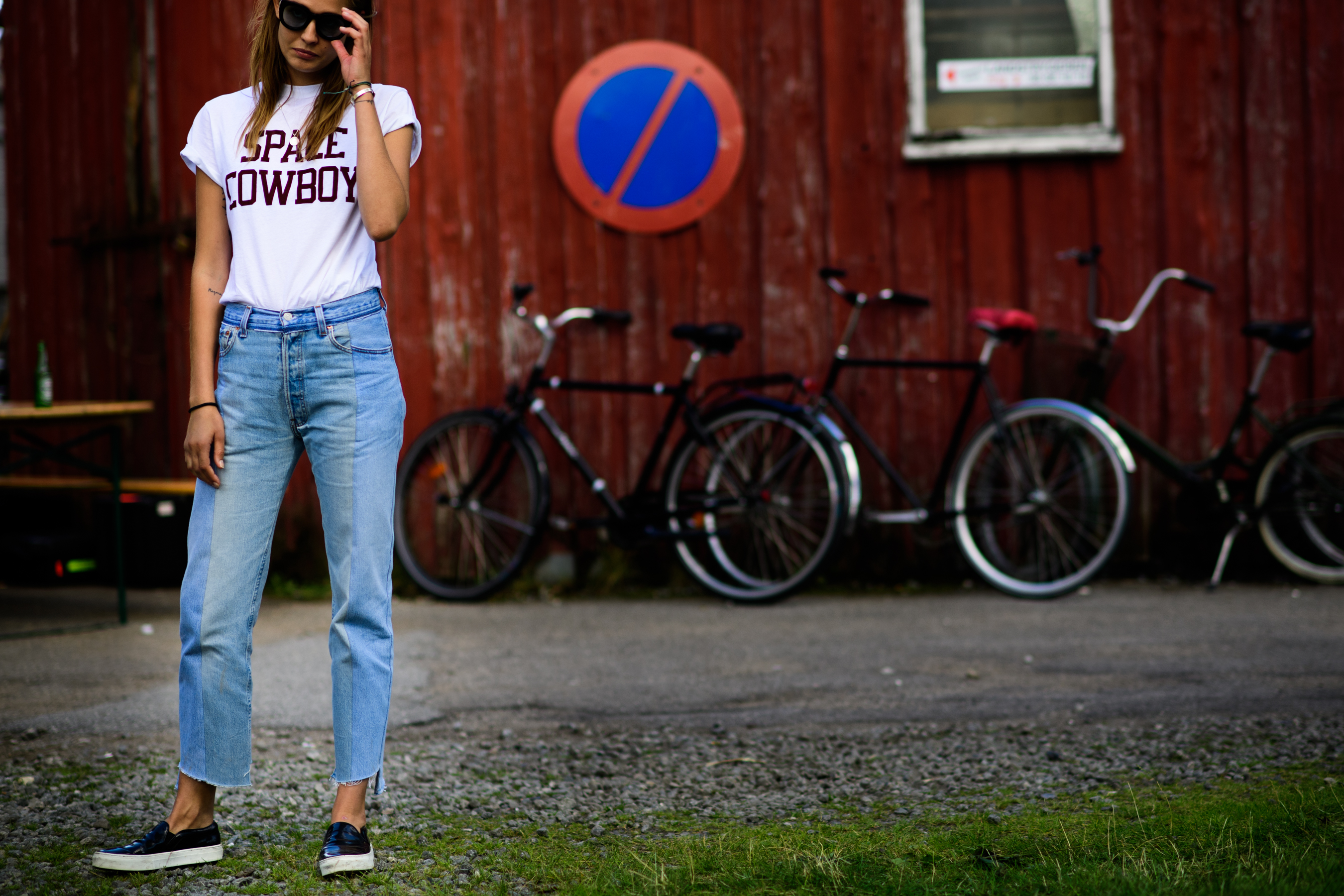 Model wearing total Ganni look