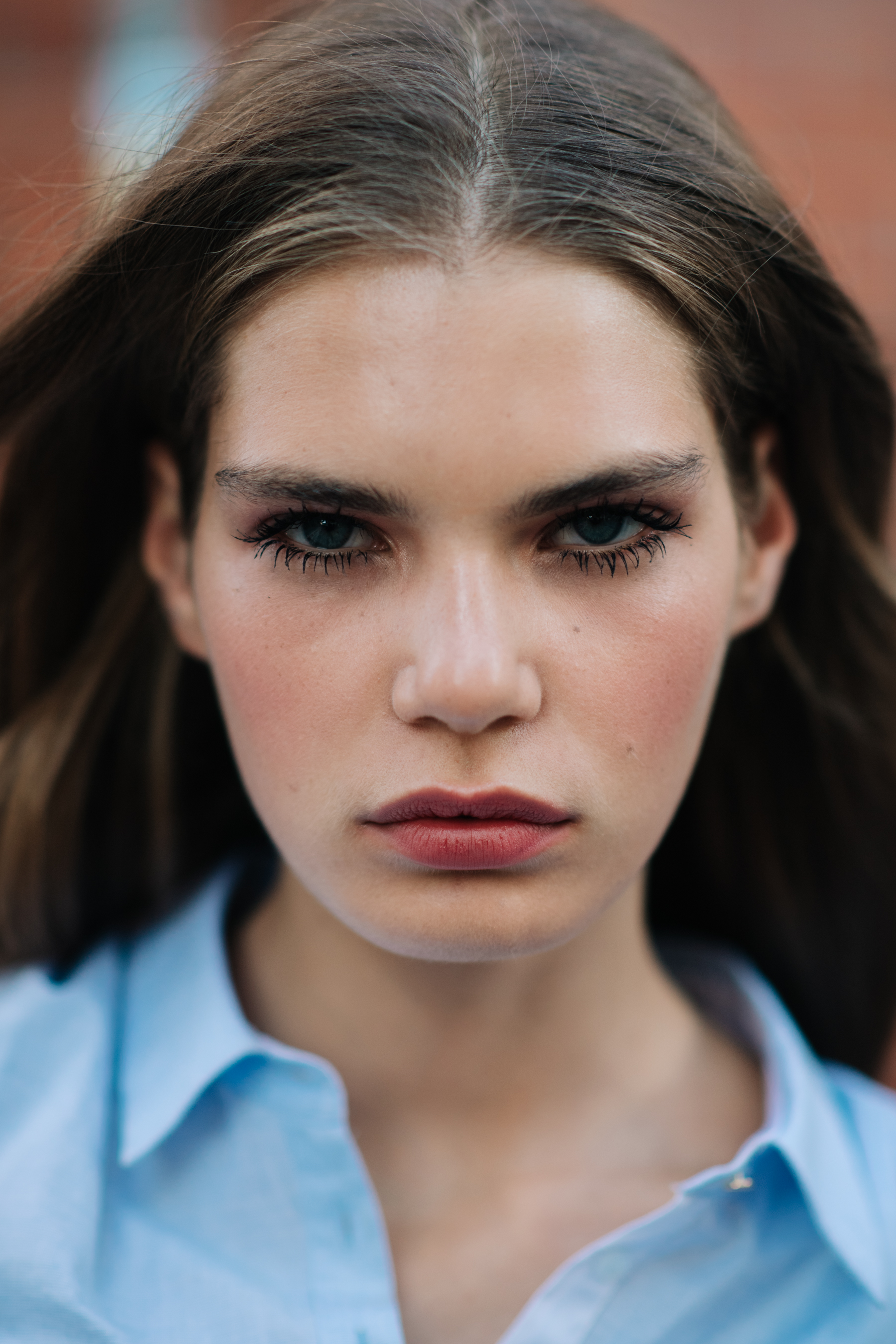 Portrait of Danish model blue shirt