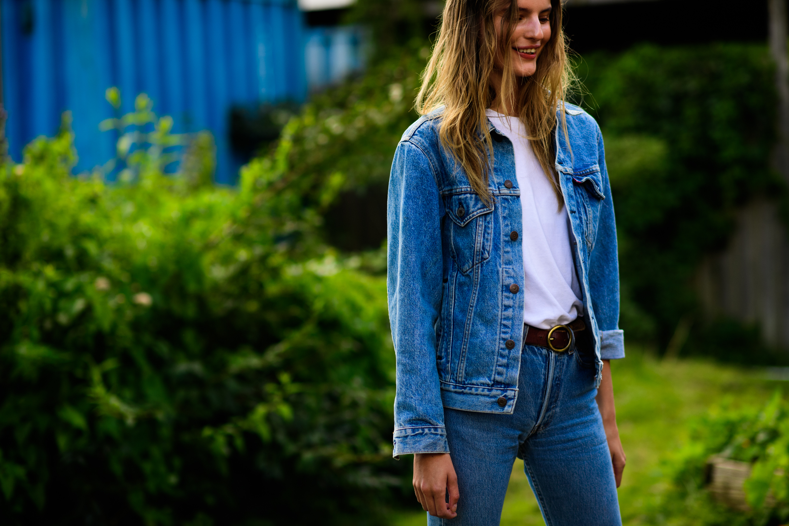 Top model wearing denim outfit
