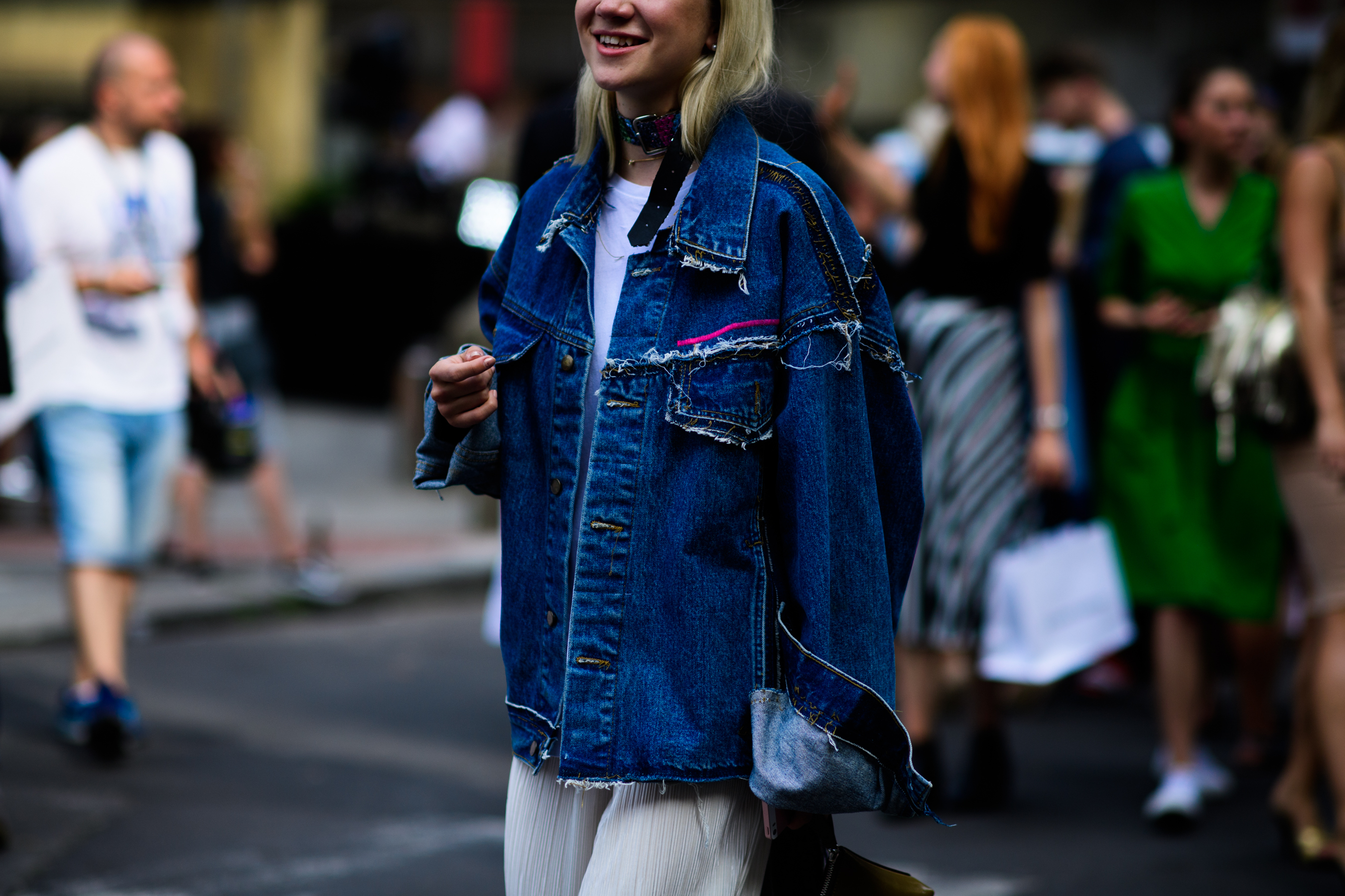 Woman wearing blue denim jacket