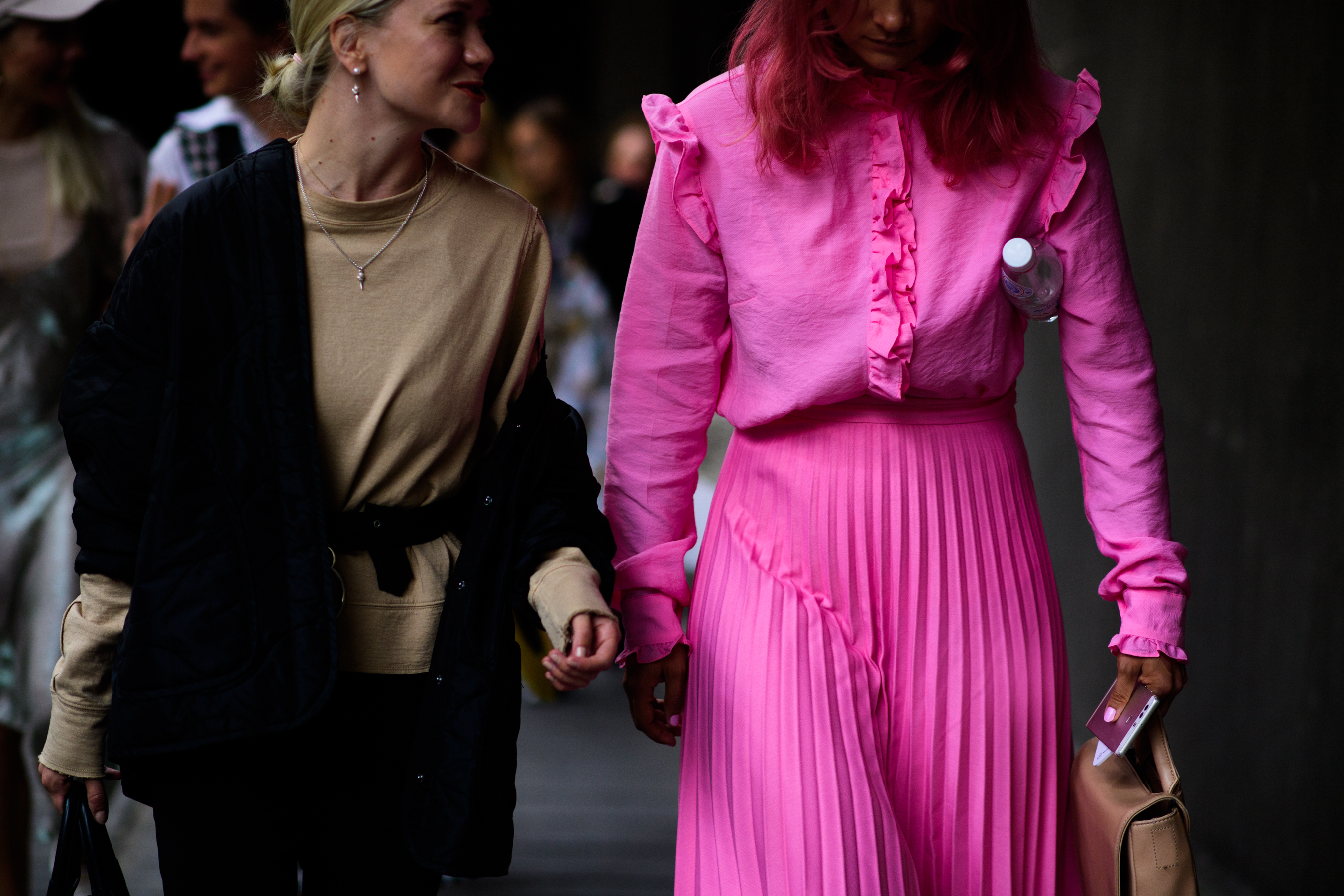 Woman wearing bright pink dress