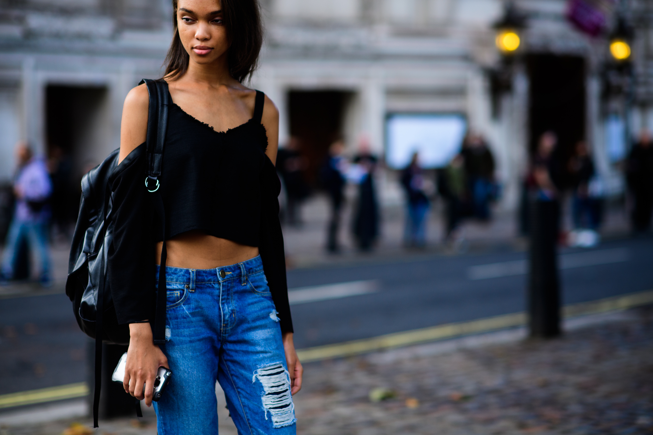 Model wearing denim after the show