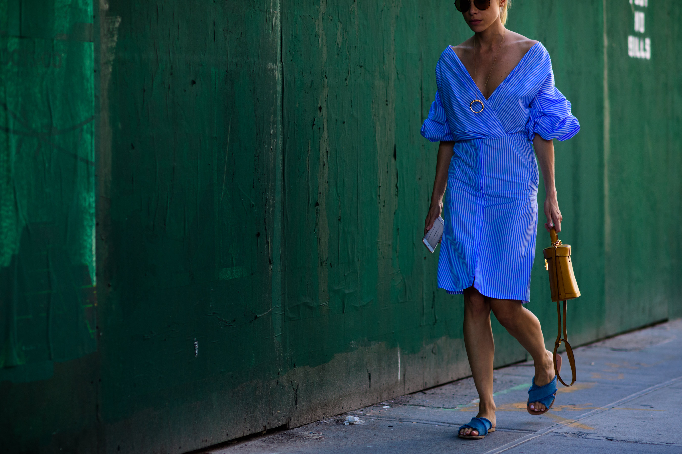 Woman wearing blue dress