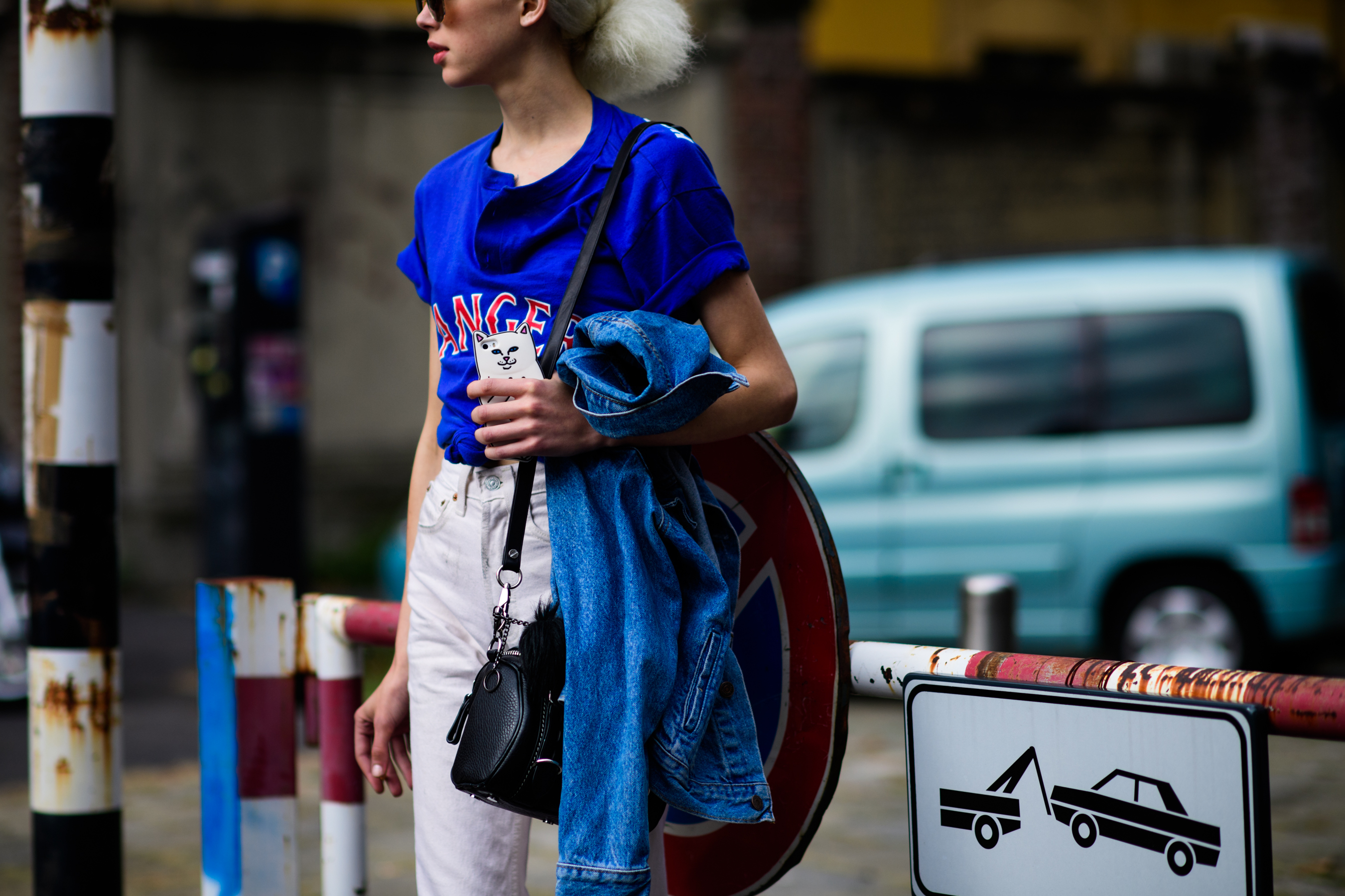 Model wearing blue shirt