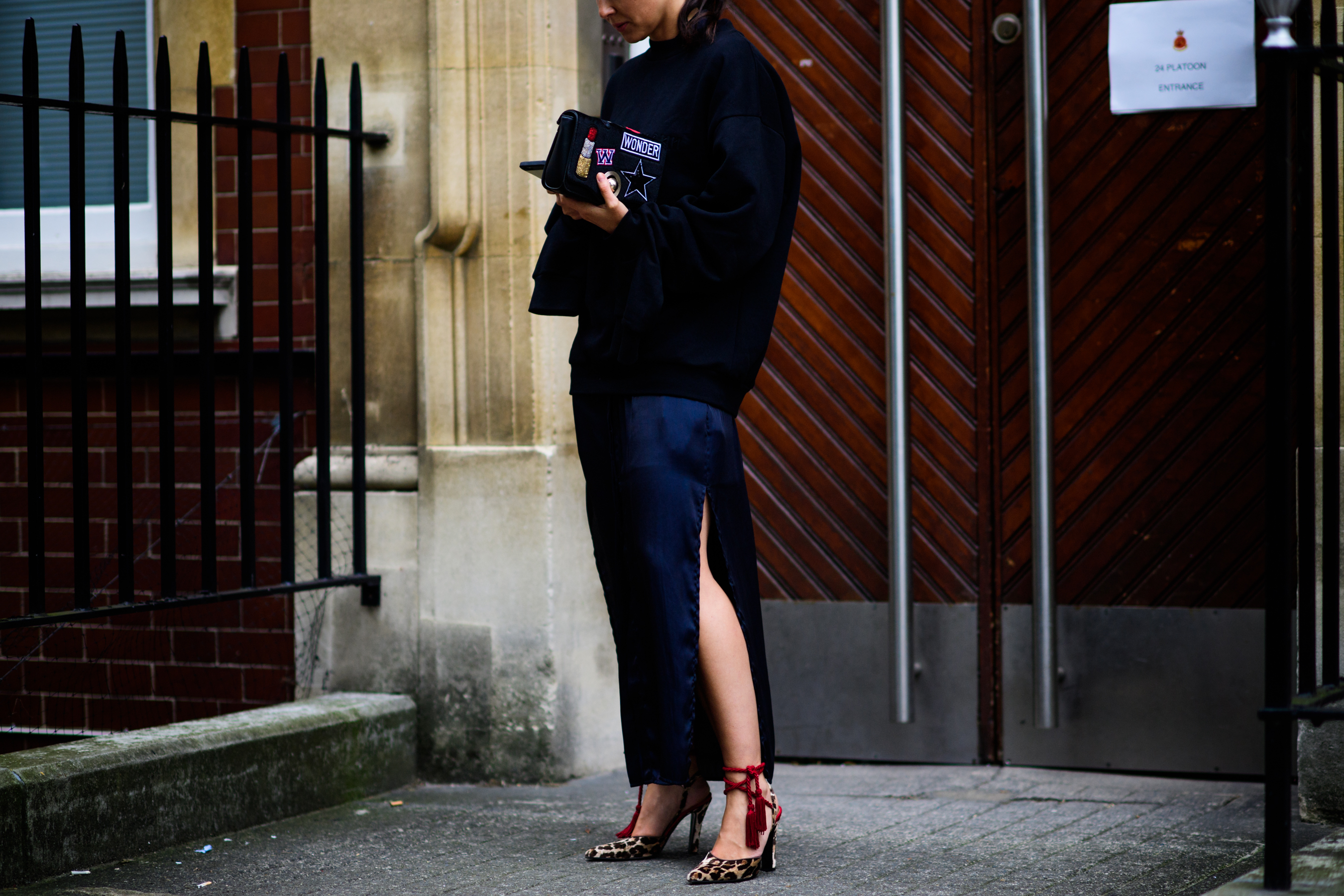 Woman wearing leopard print shoes