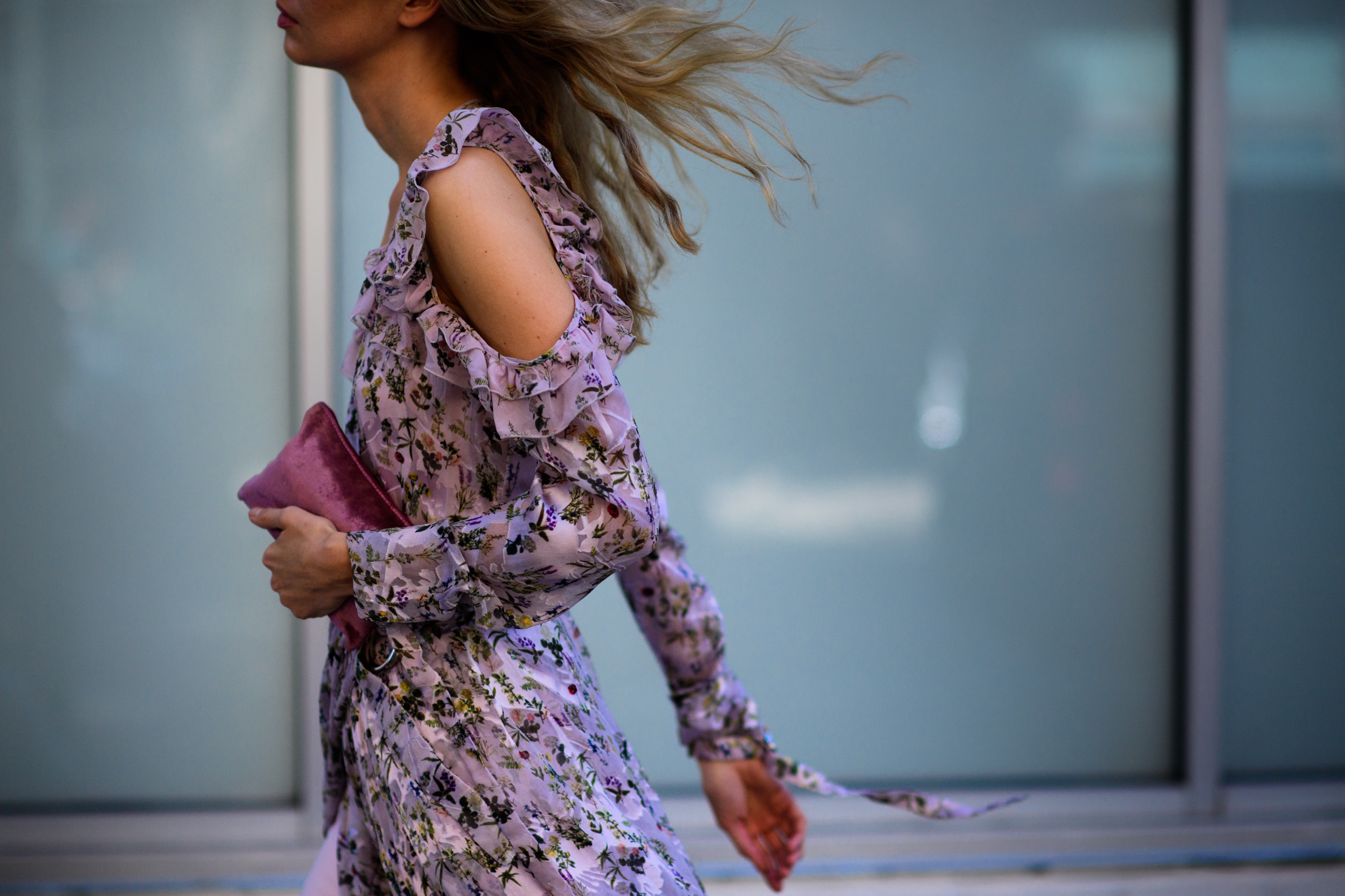 Woman wearing pink floral dress