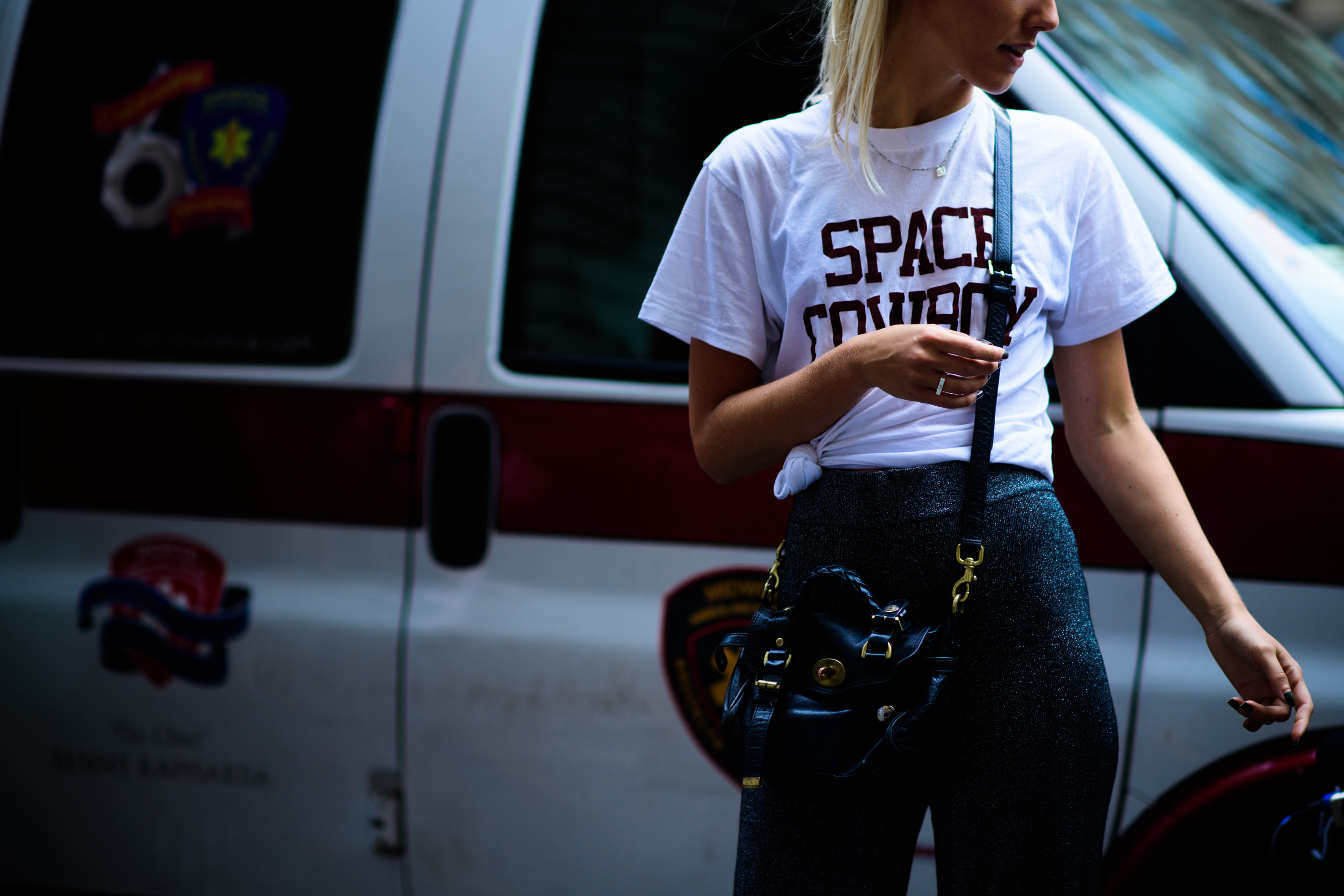 Woman wearing Ganni Space Cowboy t-shirt
