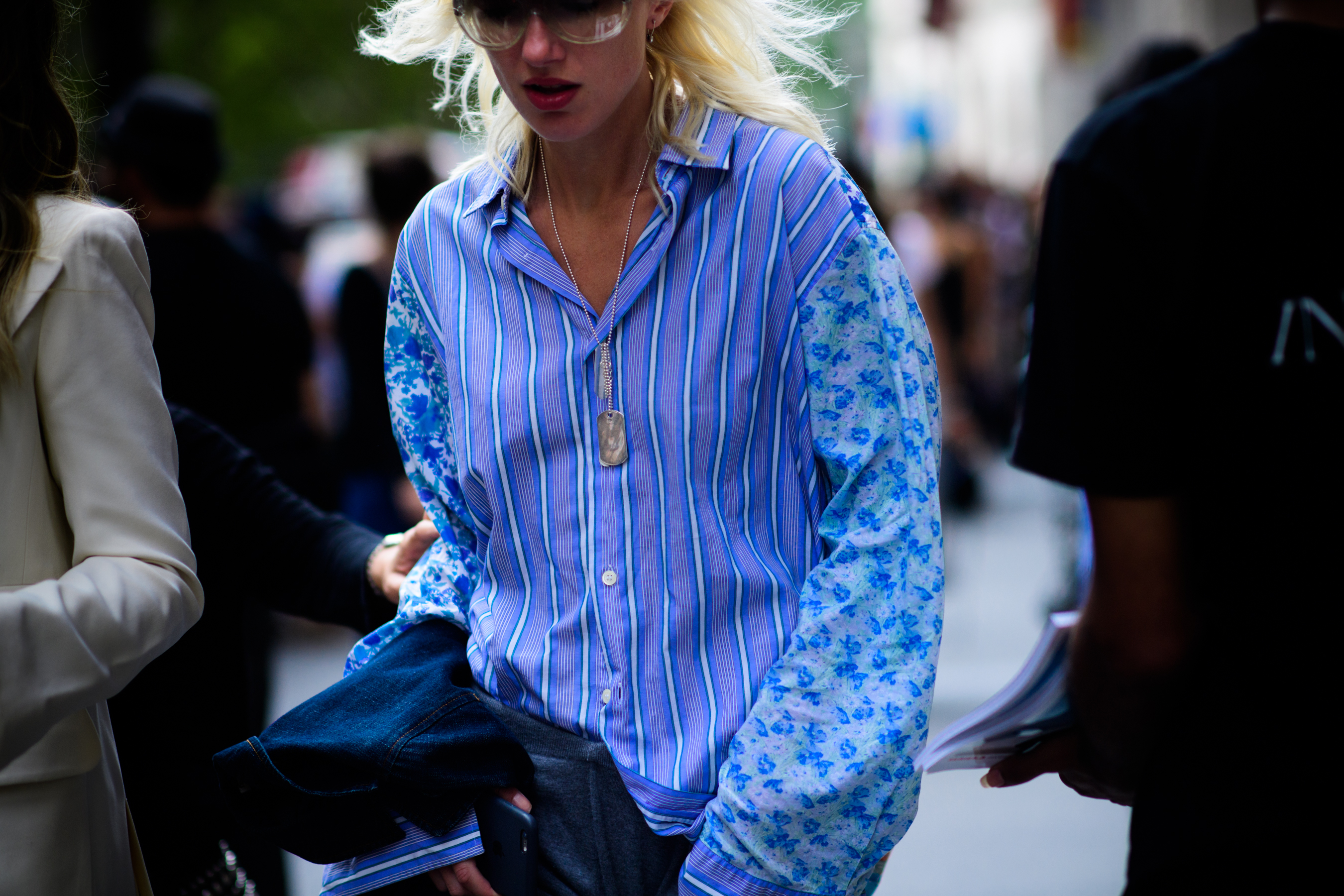 Woman wearing blue cotton shirt
