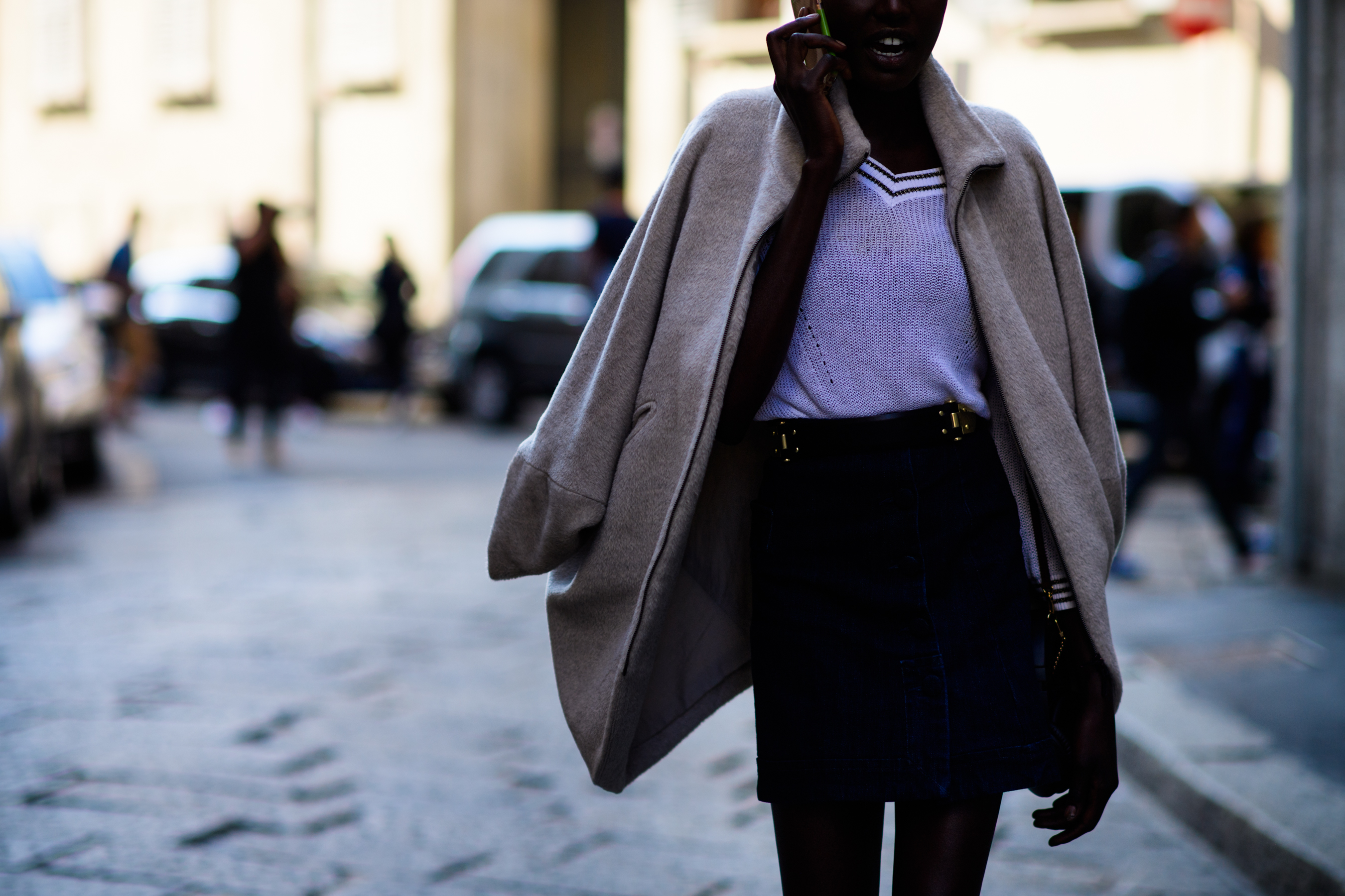 Model wearing warm jacket after show