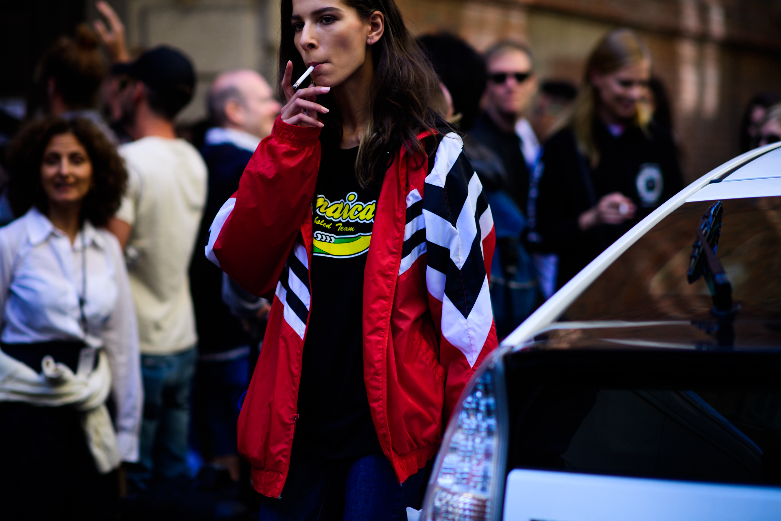 Model smoking after the show