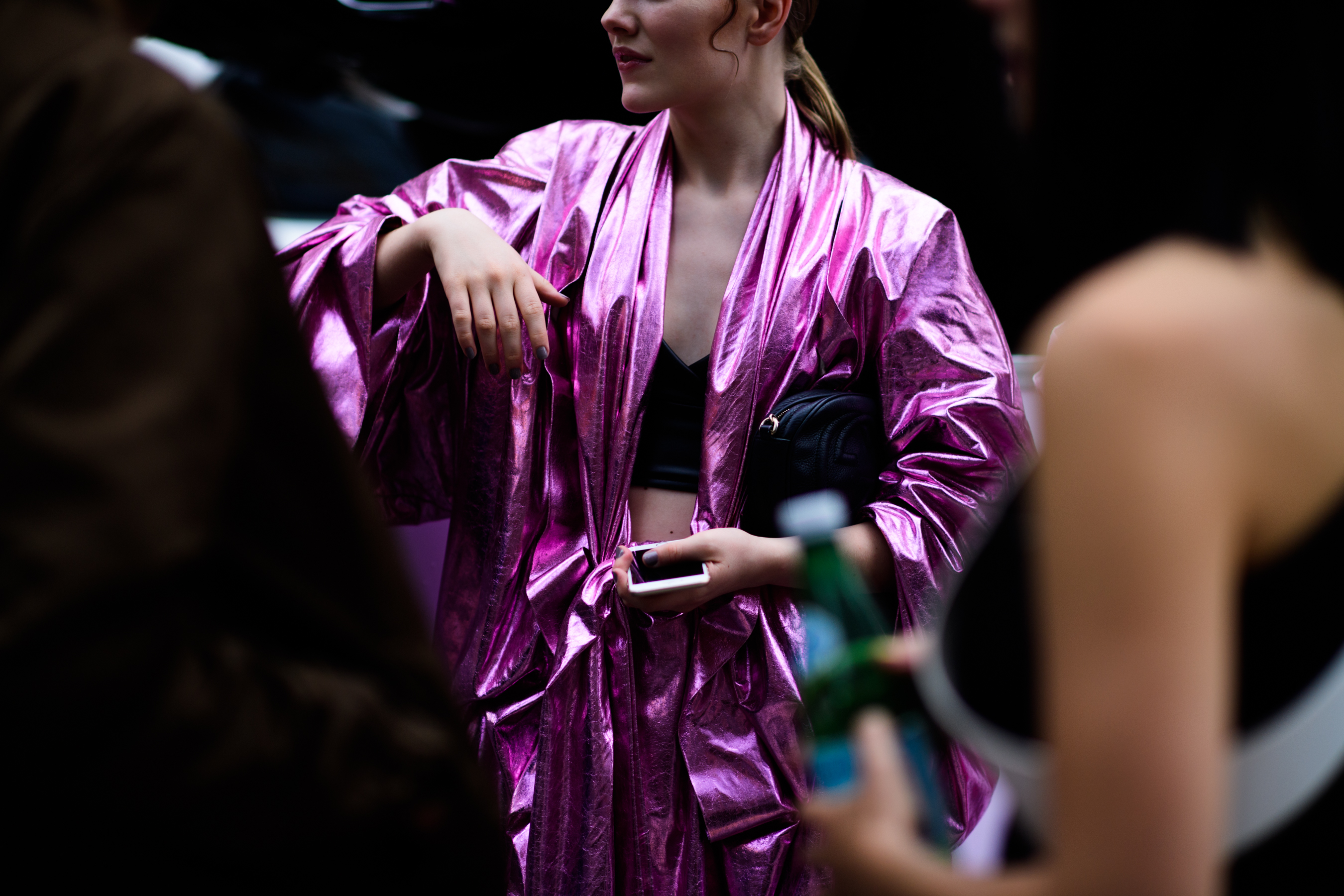 Woman wearing bright pink outfit