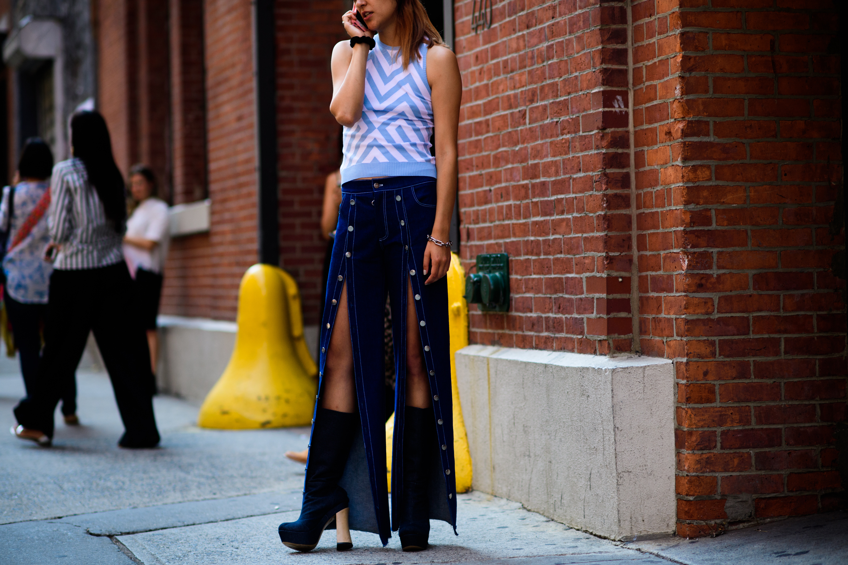 Woman wearing unique denim pants