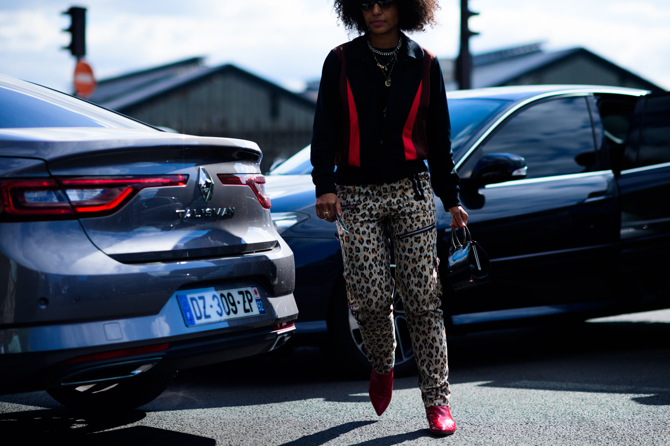 Woman wearing animal print pants