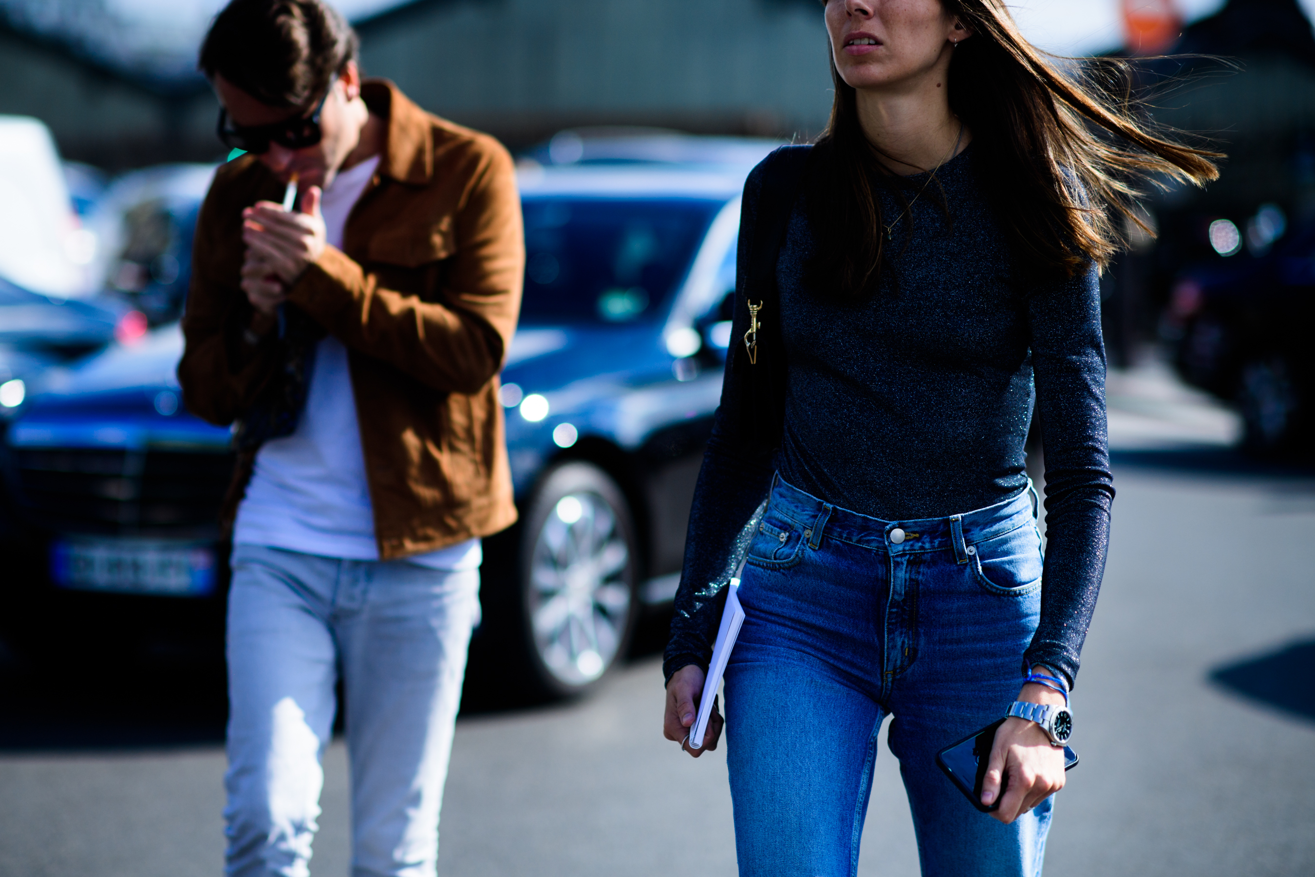 Woman wearing denim and black