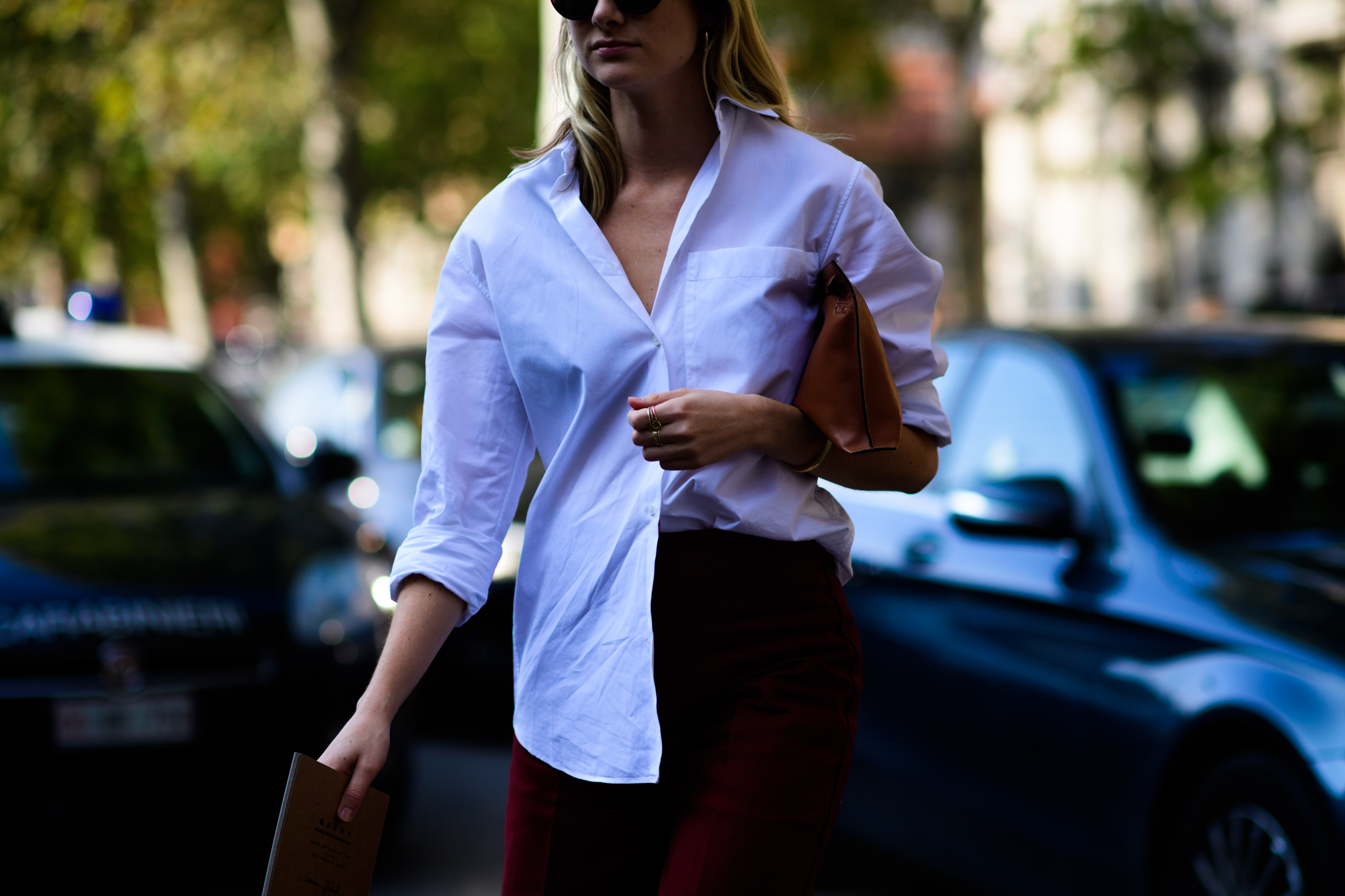 Woman wearing white oversized shirt
