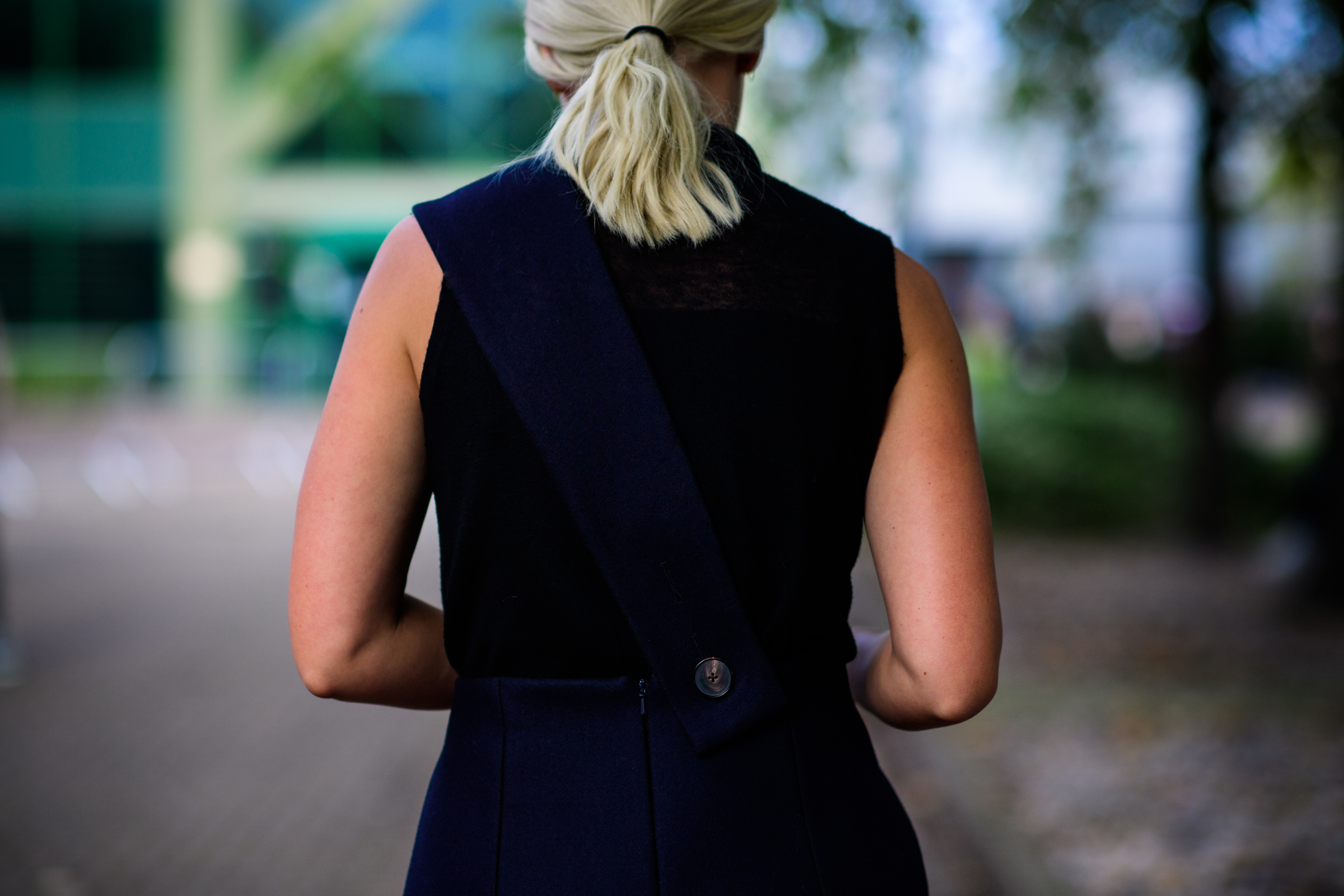Woman wearing dark blue dress