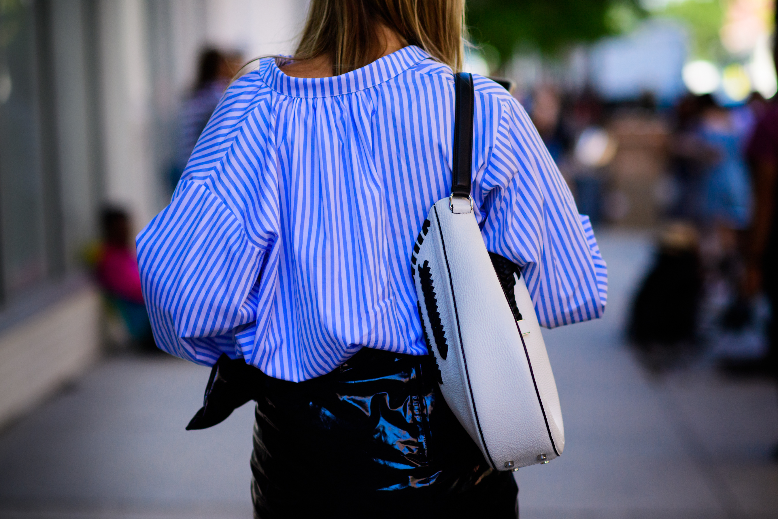 French blogger wearing blue shirt
