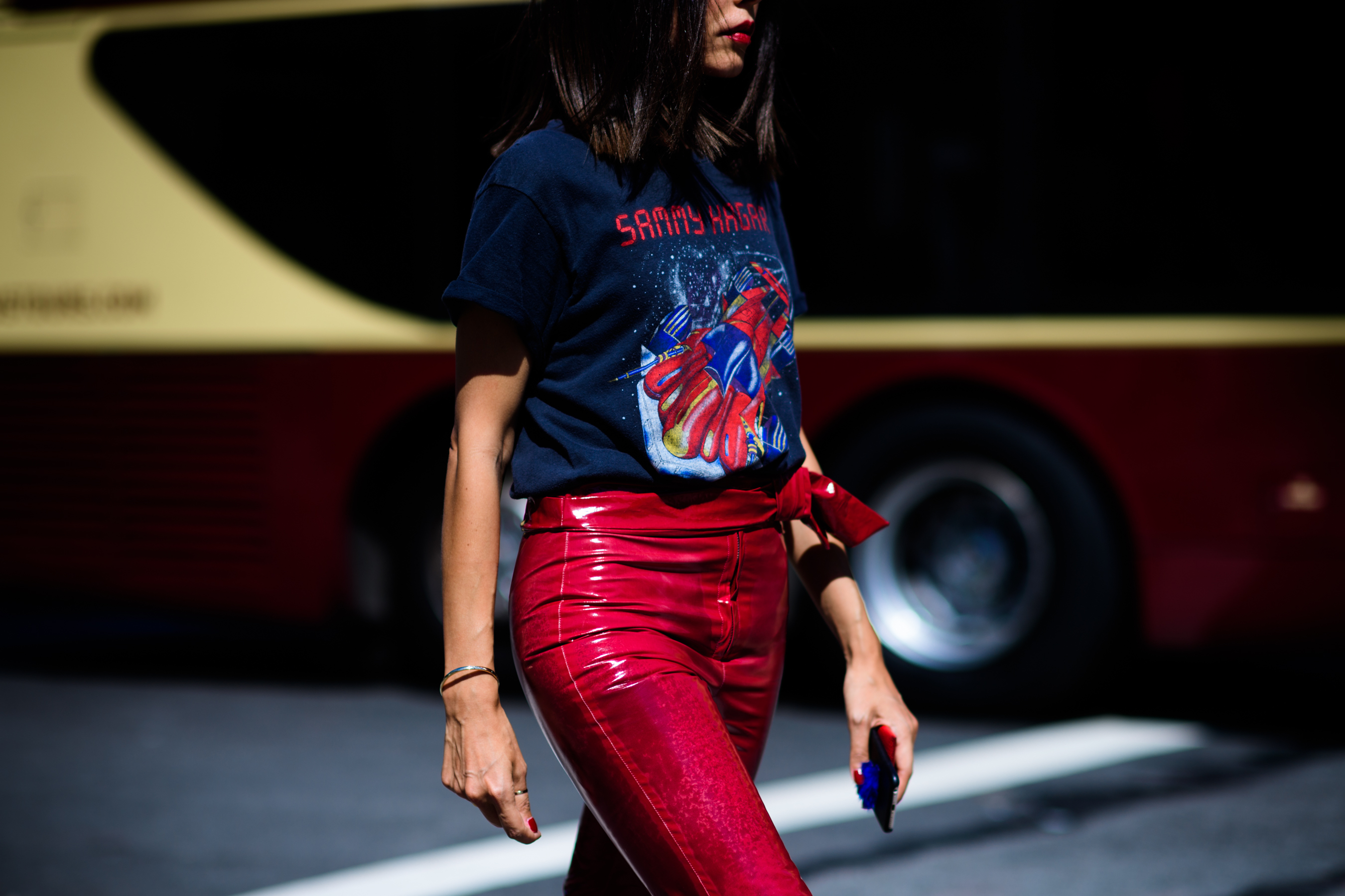 Blogger wearing red leather pants