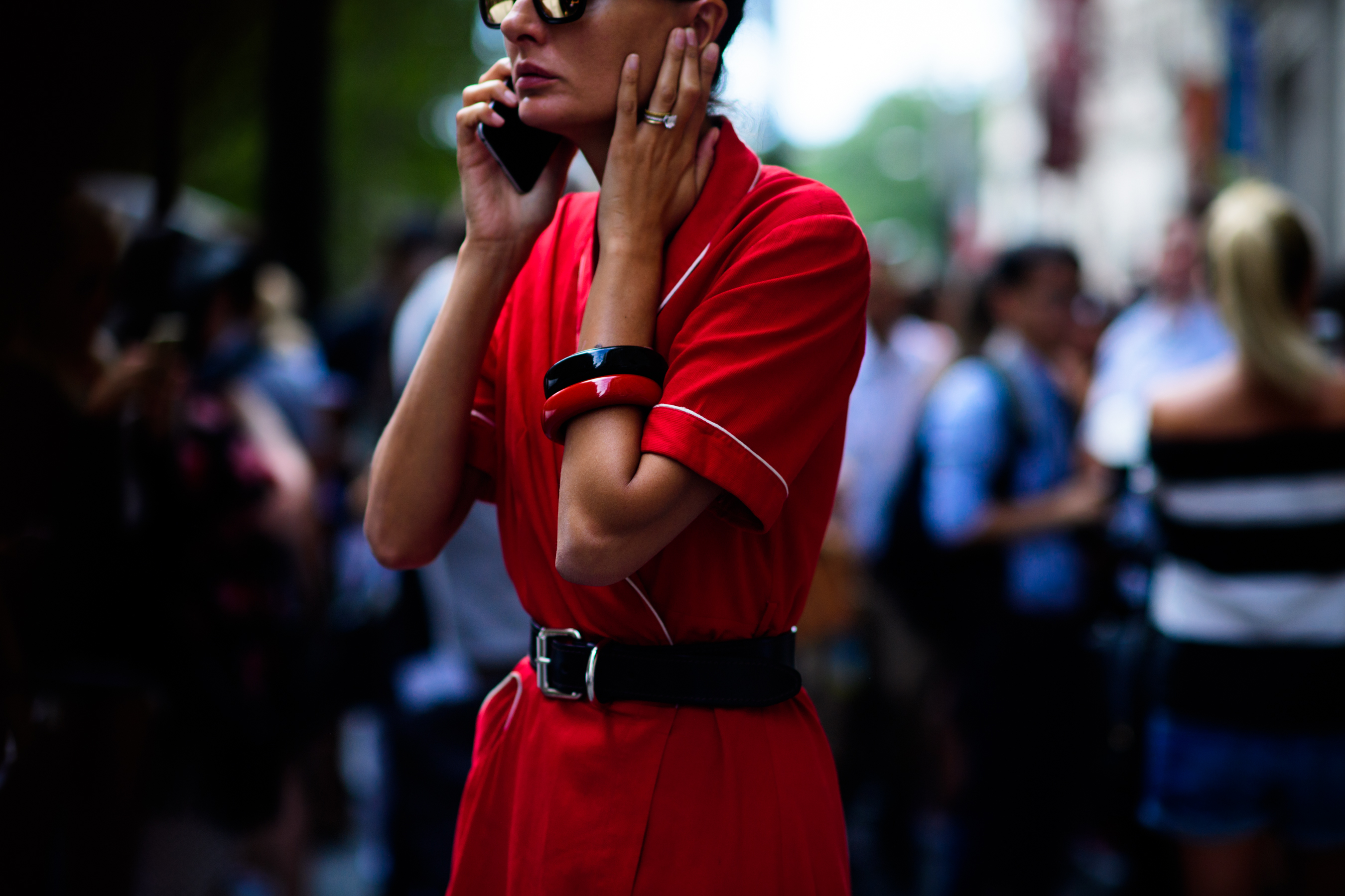 Italian stylist wearing red dress