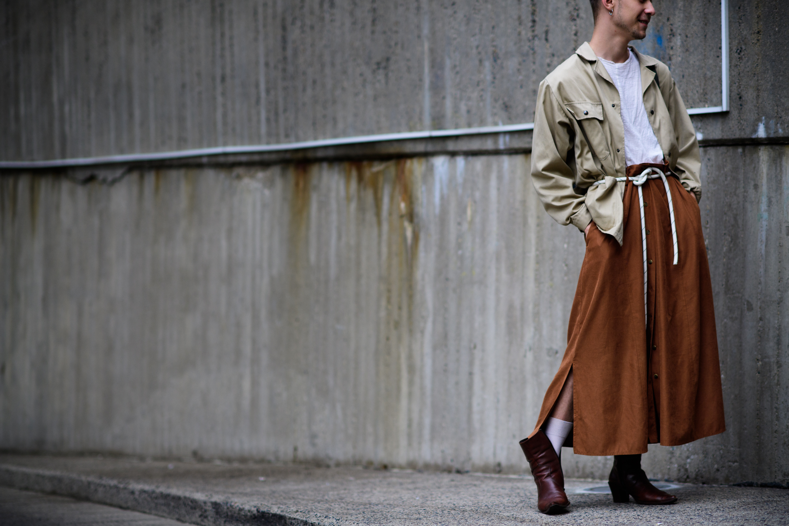 Man wearing wide suede pants
