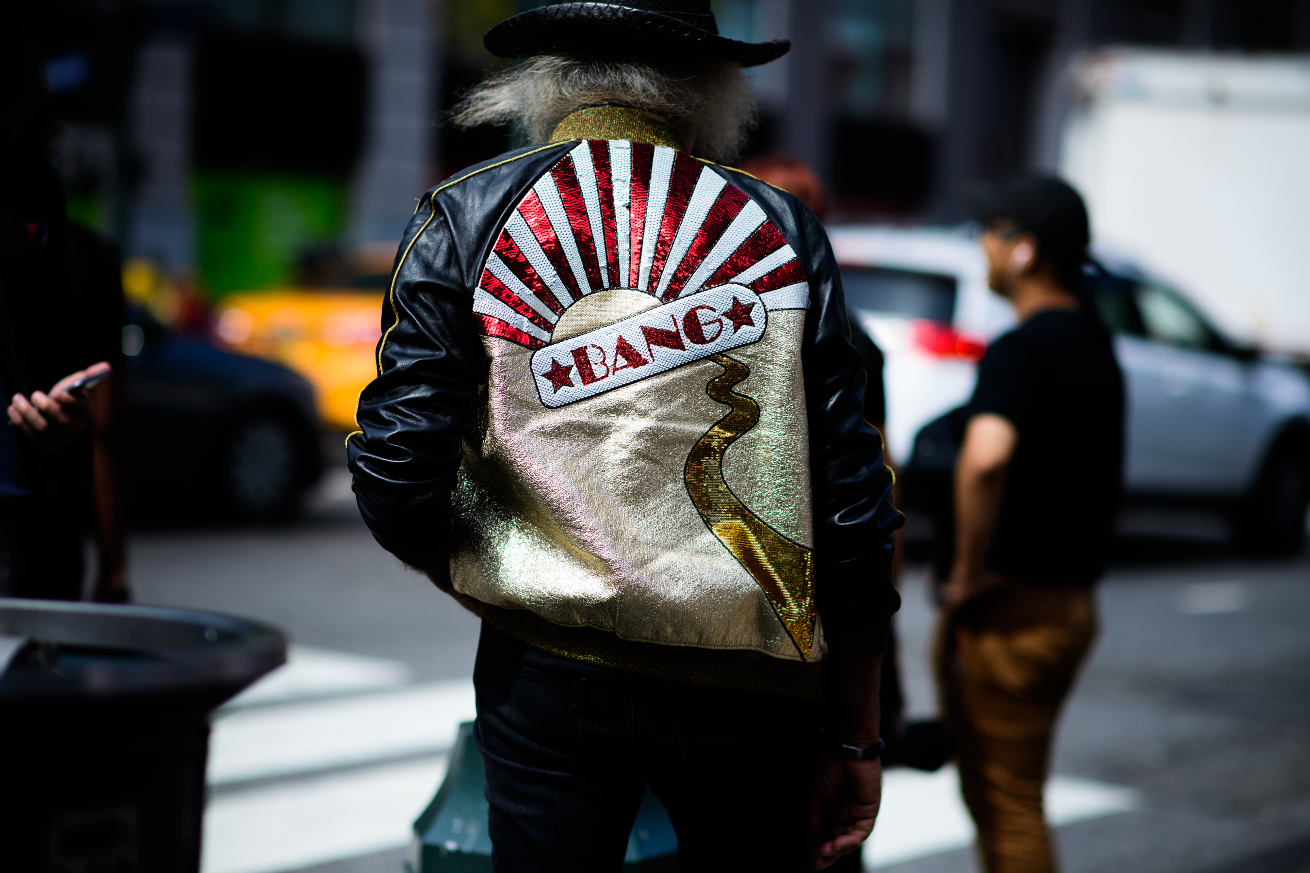 Man wearing sequenced leather jacket