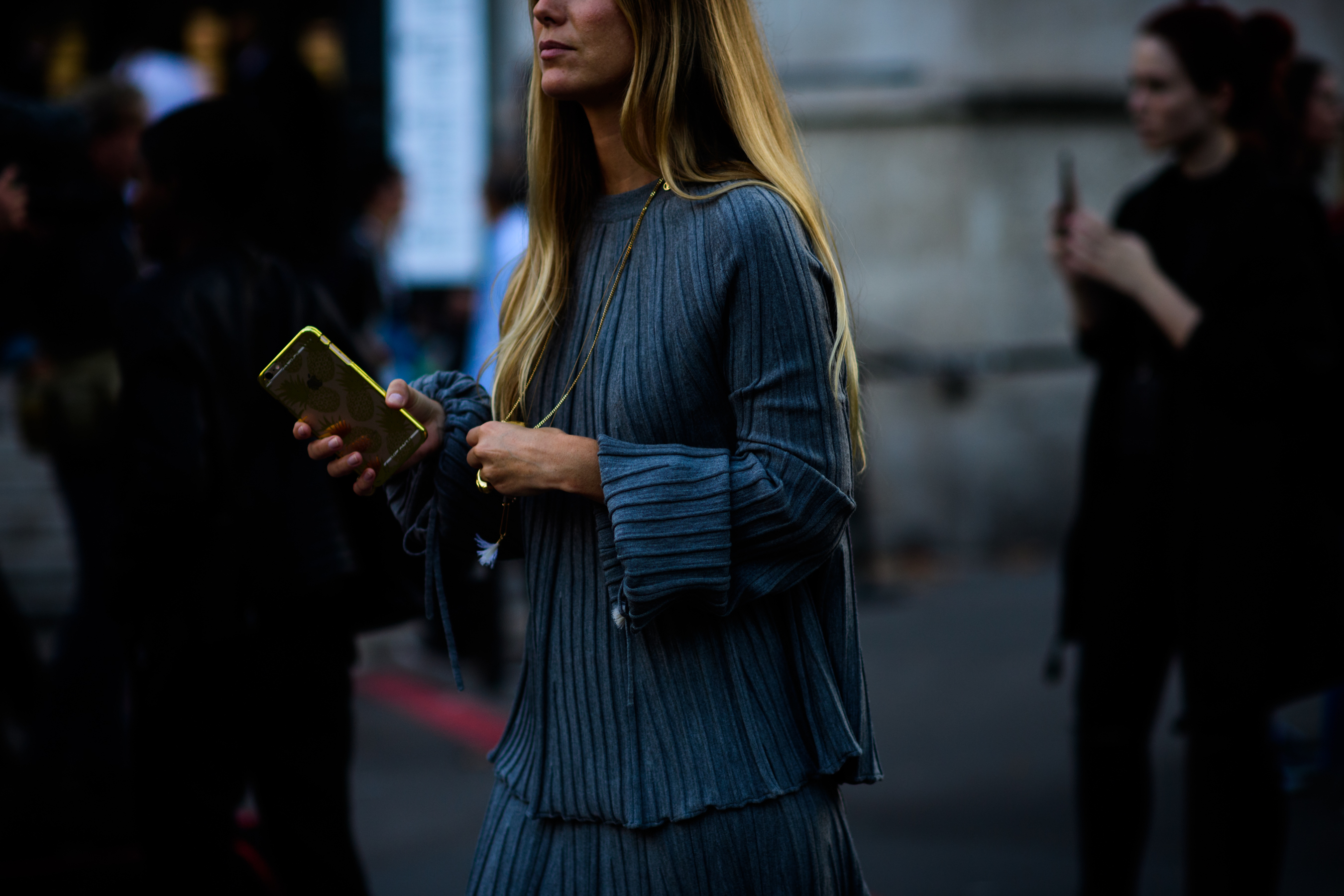Woman wearing grey outfit