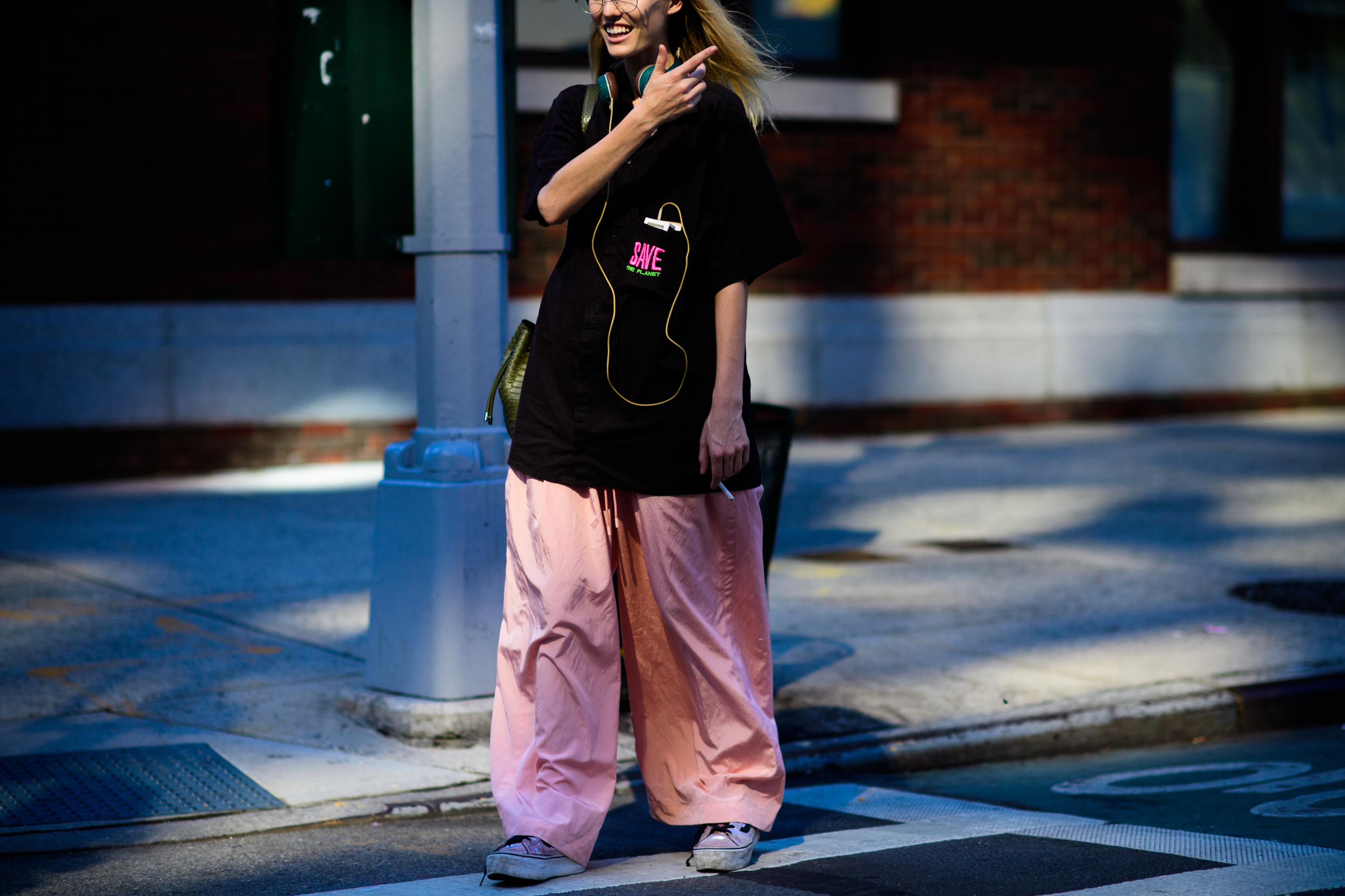 Model wearing pink oversized pants