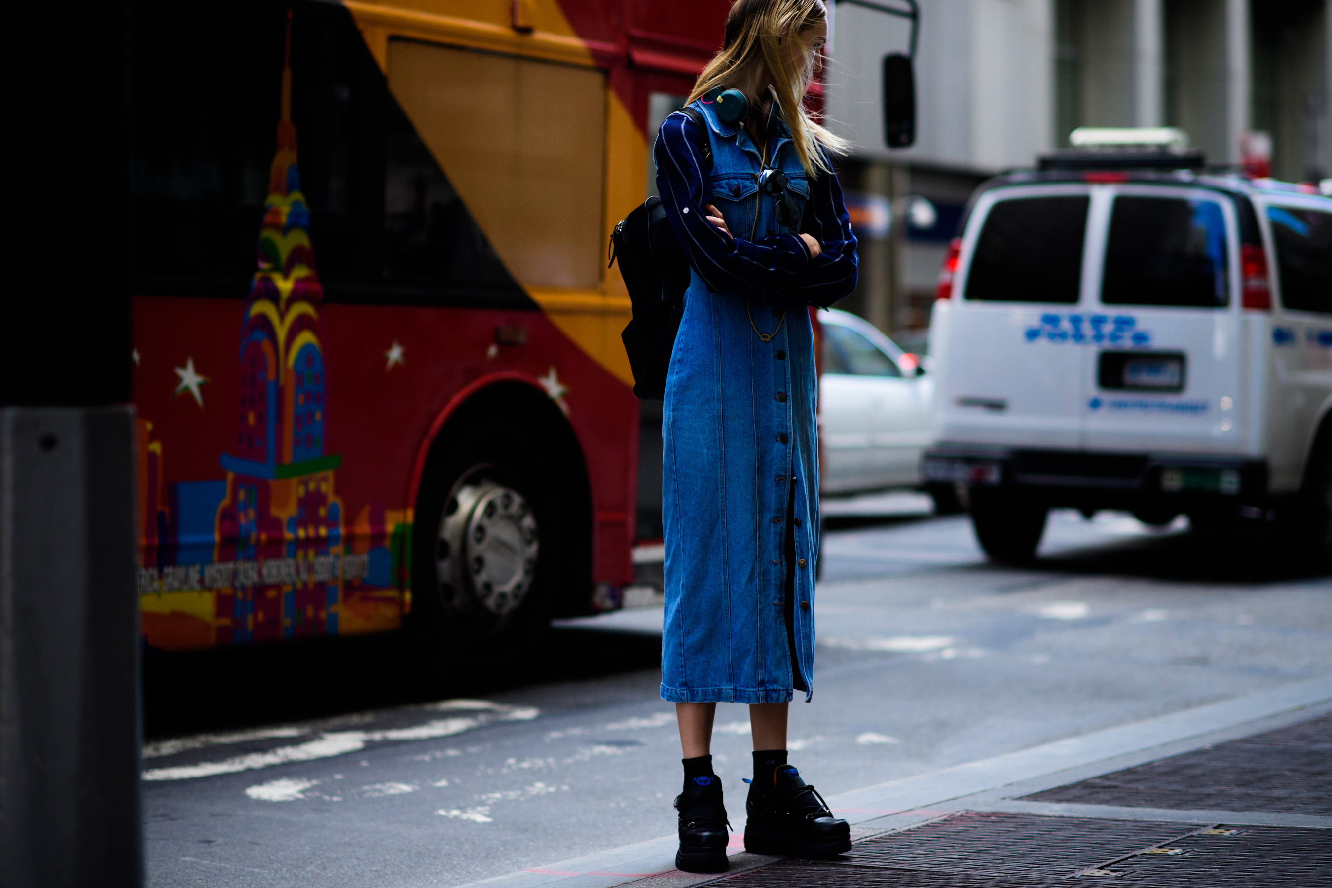Model wearing denim midi dress
