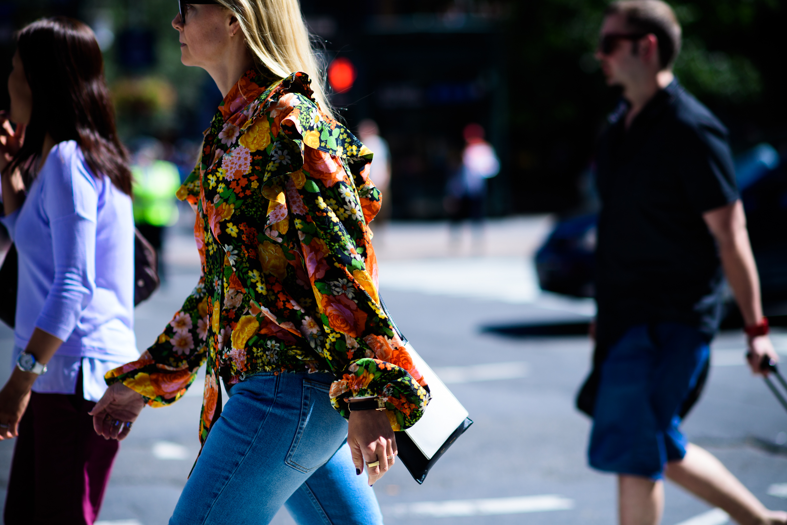 Woman wearing Balenciaga floral shirt