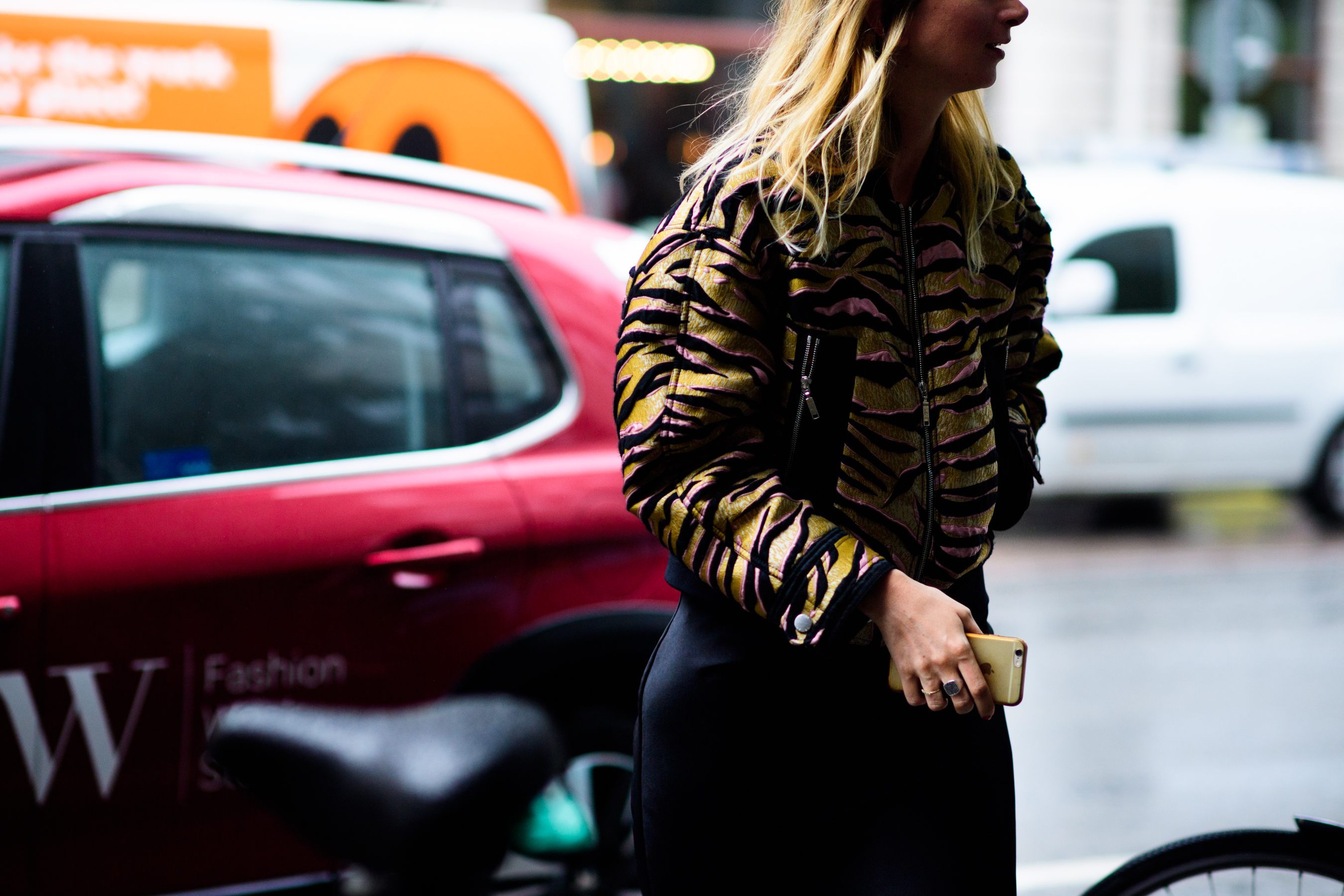 Woman wearing tiger print jacket