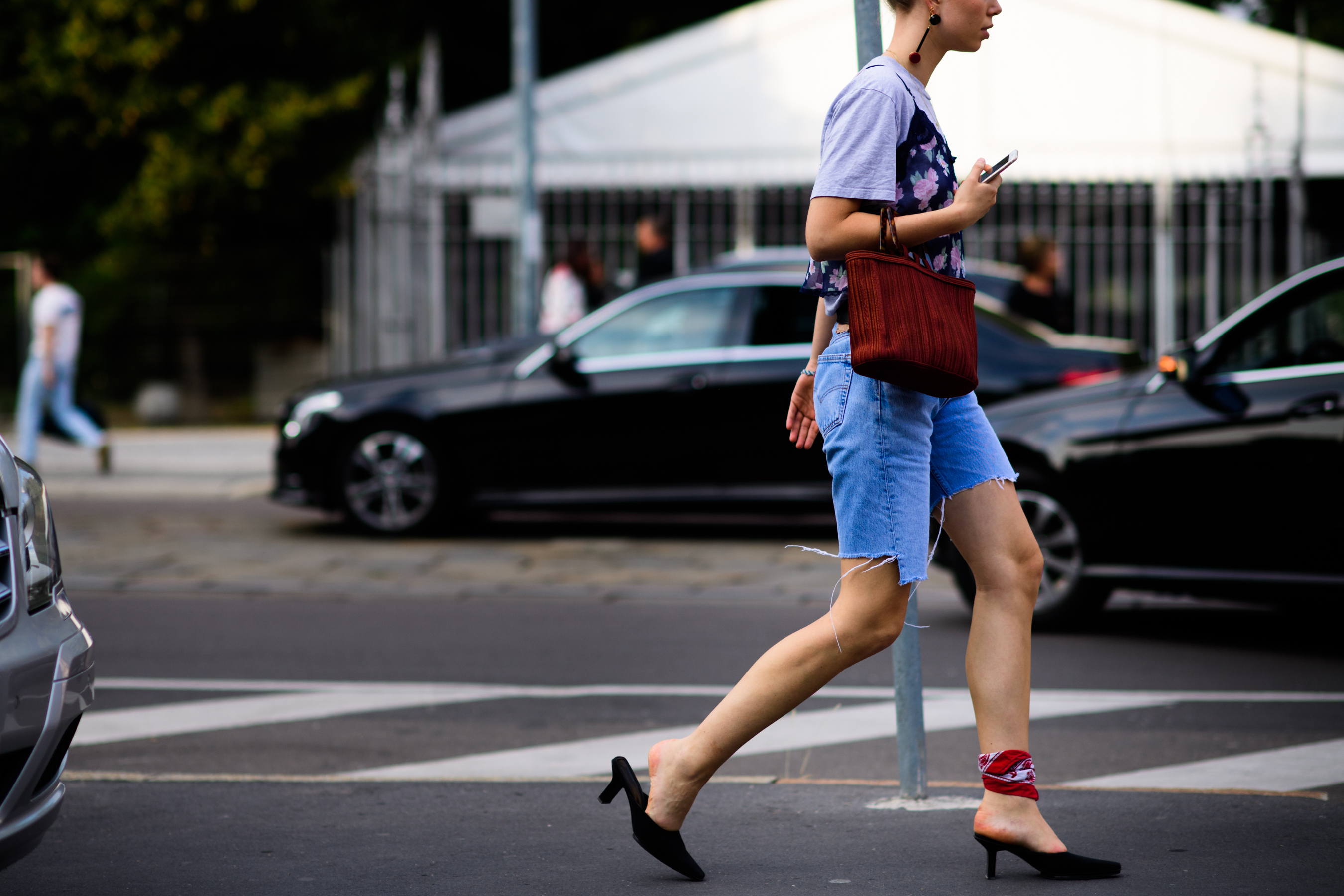 Woman wearing shorts and kitten heels