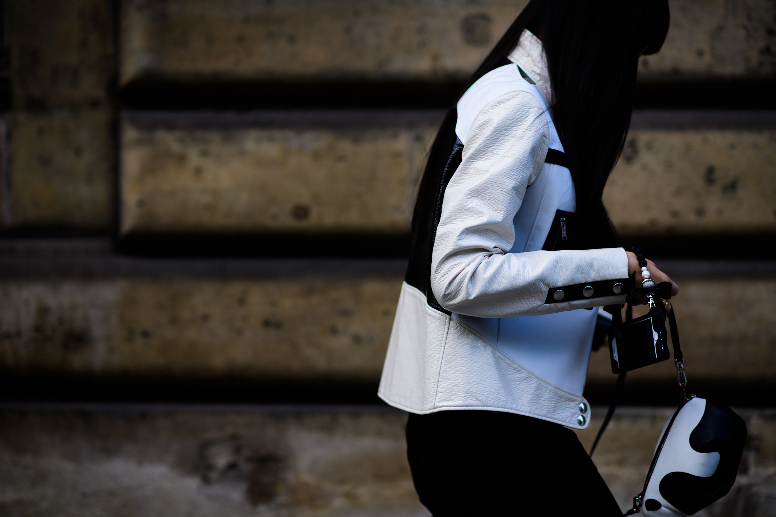 Woman wearing leather jacket