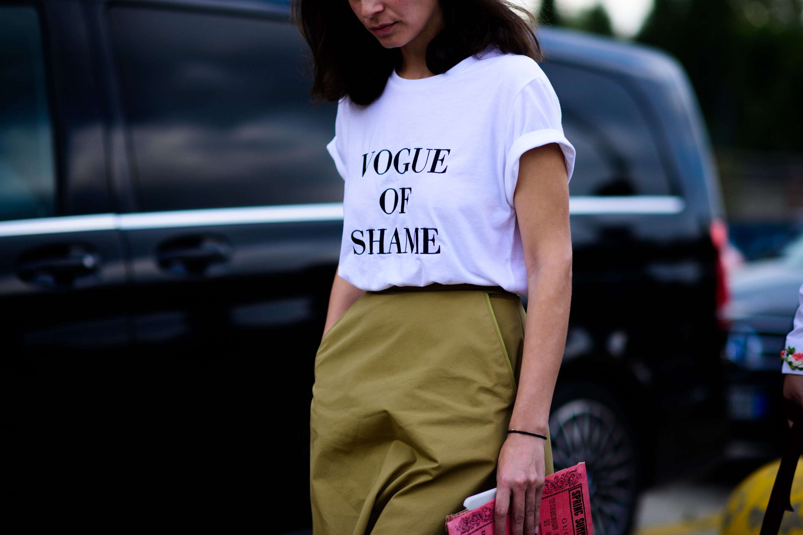 Russian stylist wearing VOGUE of Shame