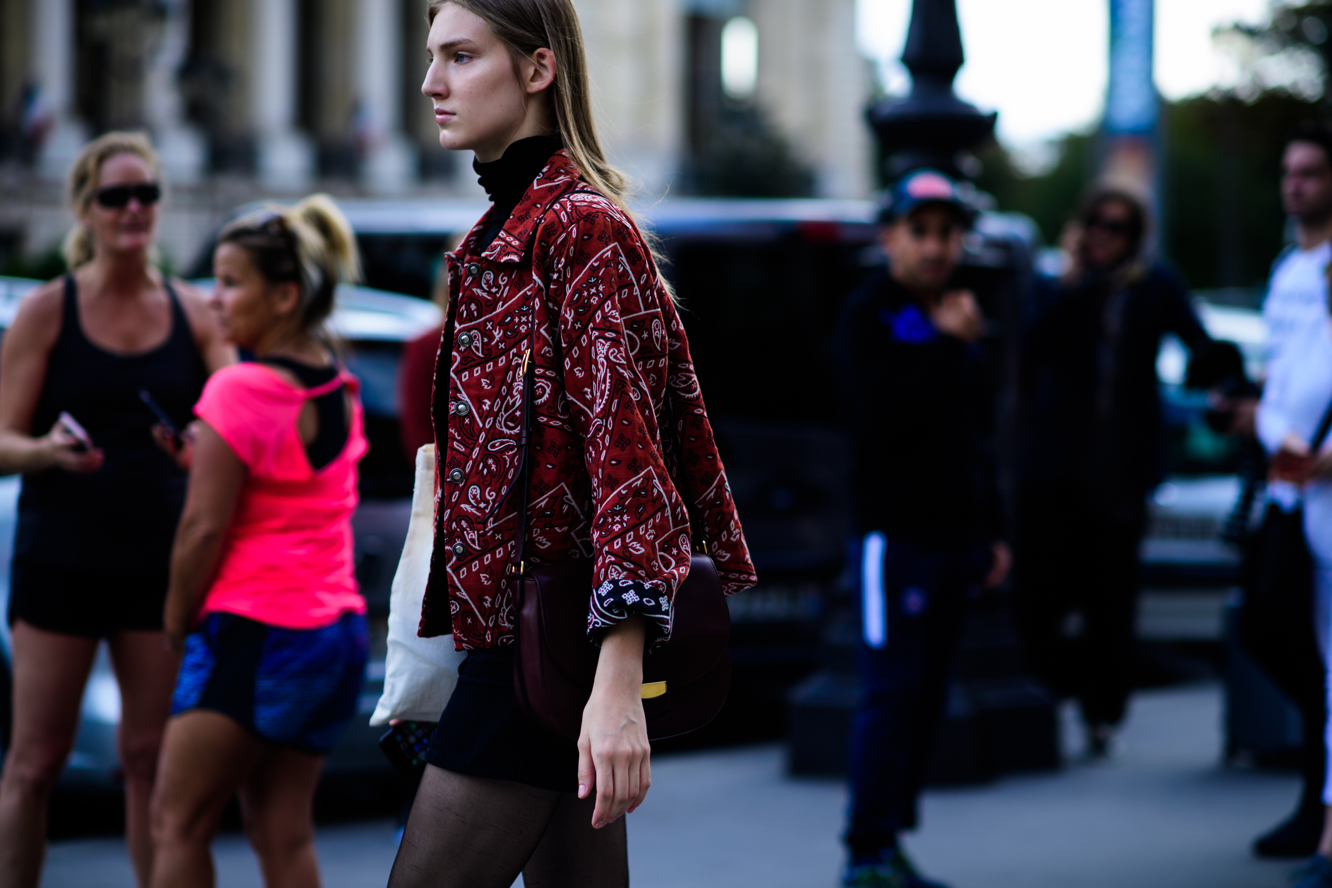 Model wearing red jacket