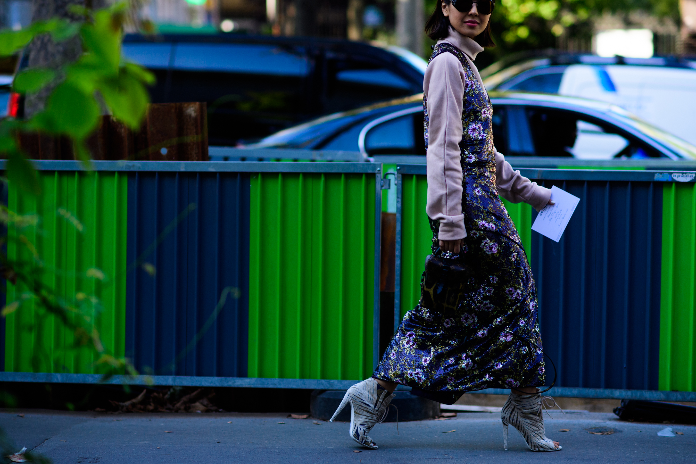 Woman wearing long floral dress