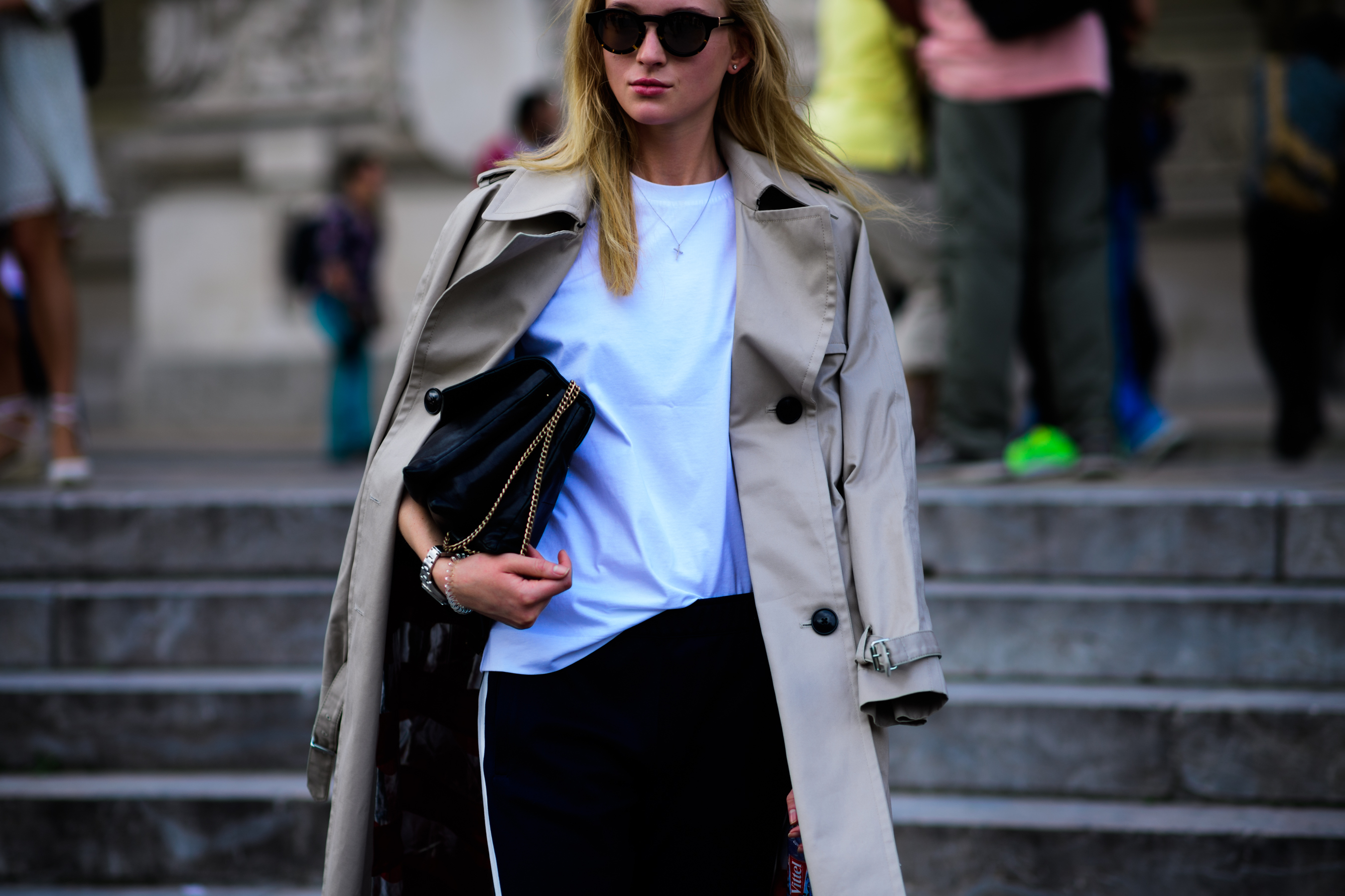 Russian model wearing beige coat