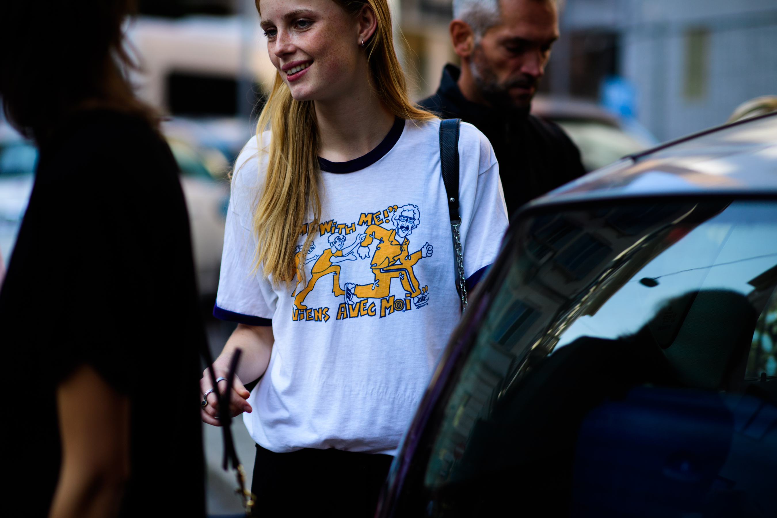 Model wearing white shirt