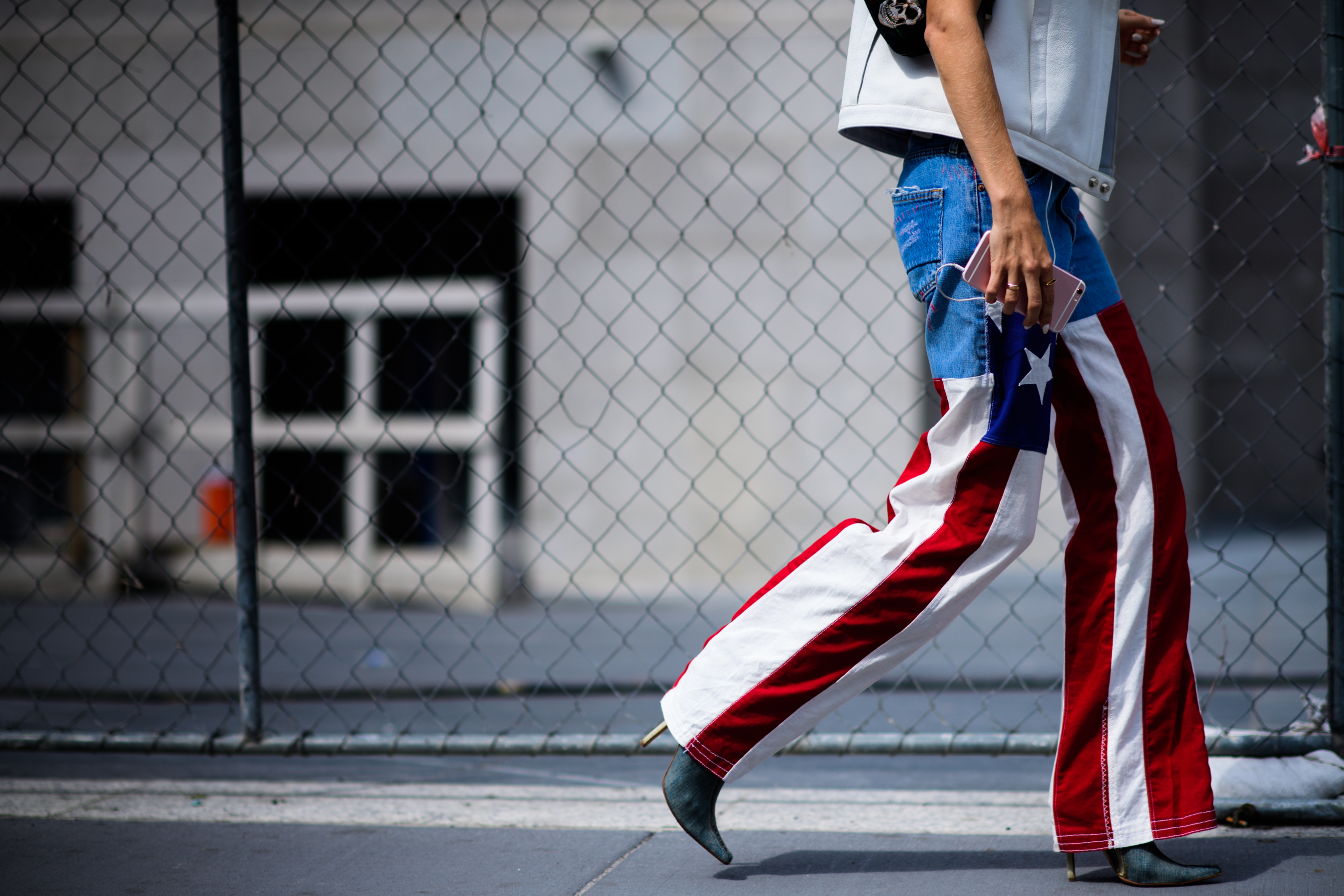 Blogger wearing American flag denim