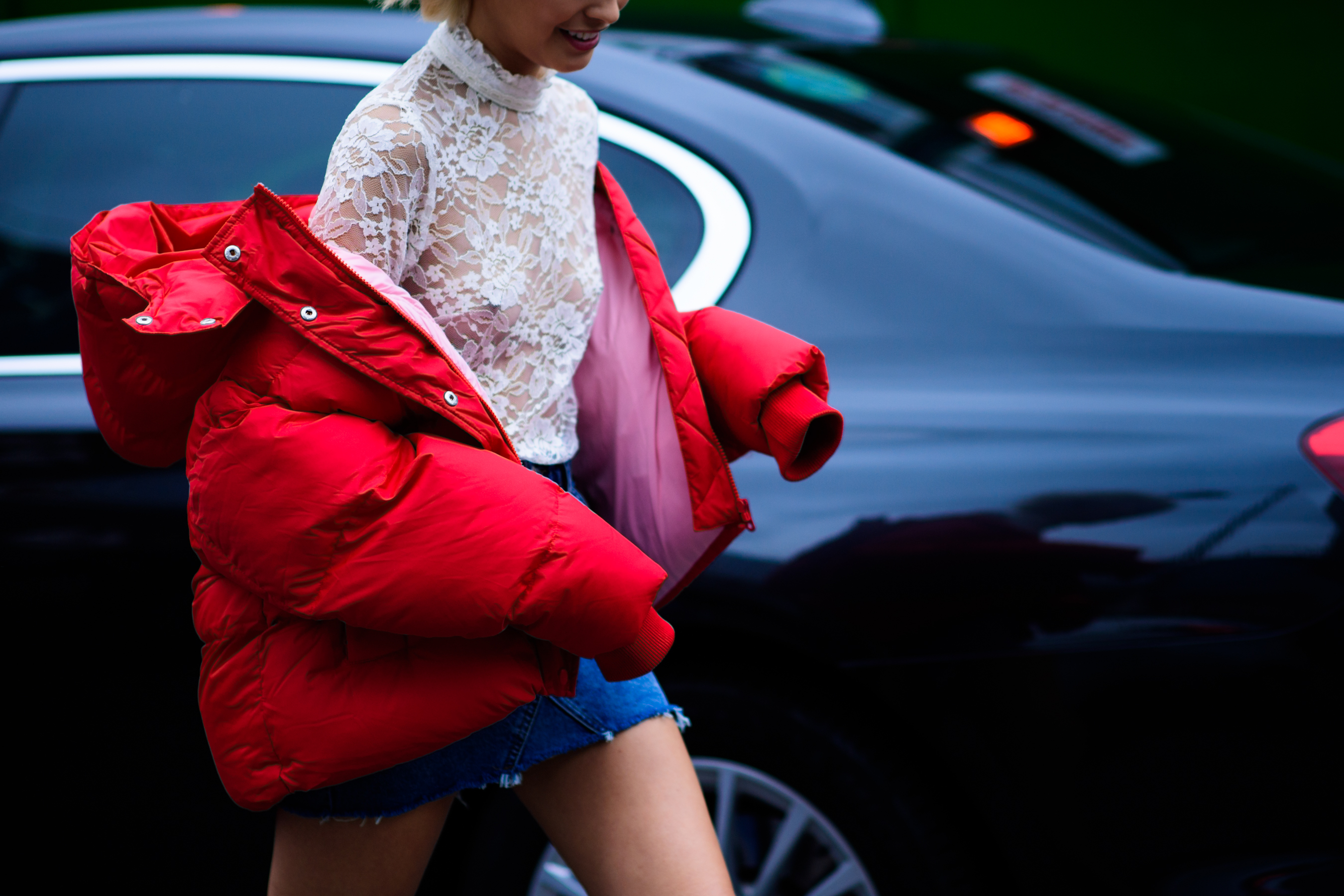Woman wearing Balenciaga puffer jacket