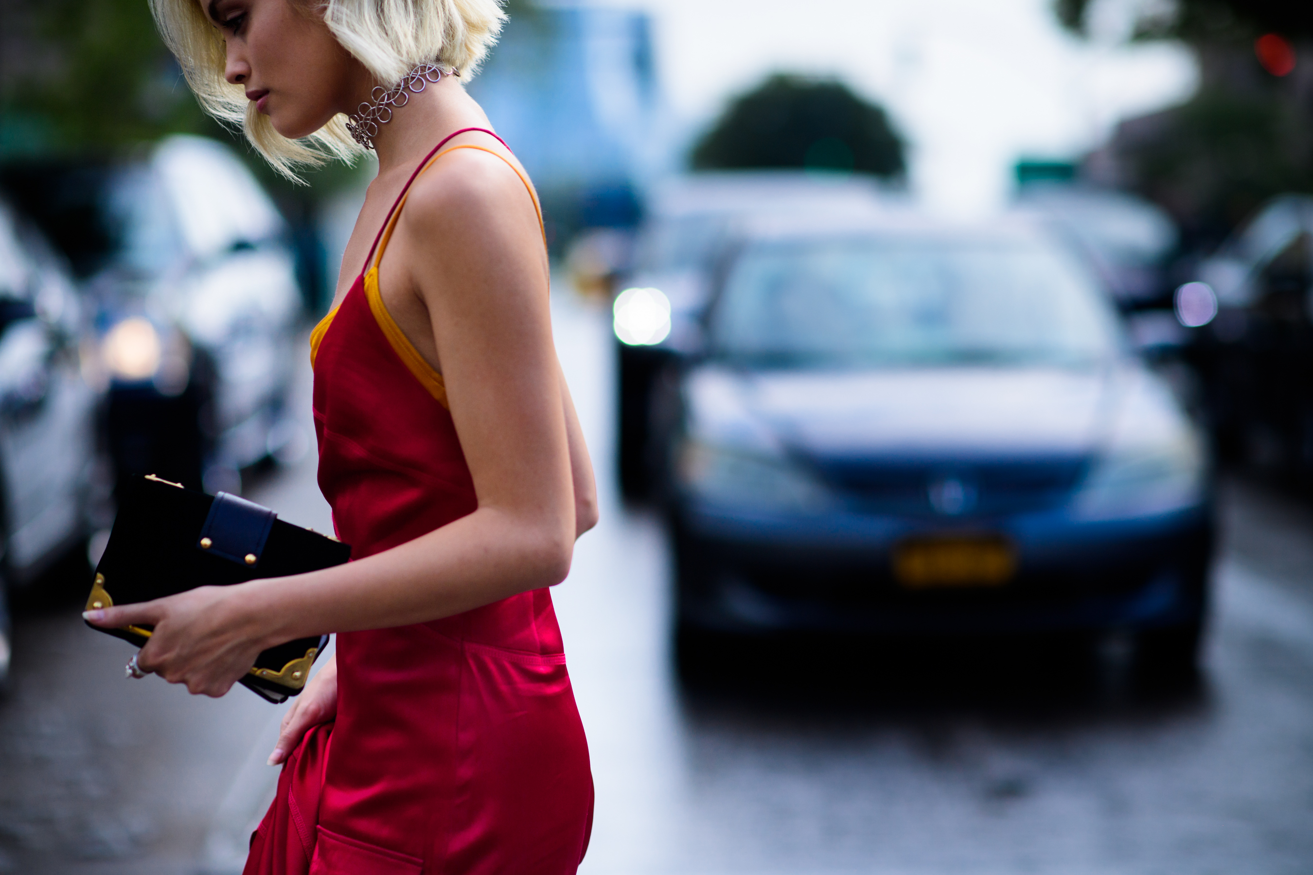 Pretty woman wearing raspberry dress