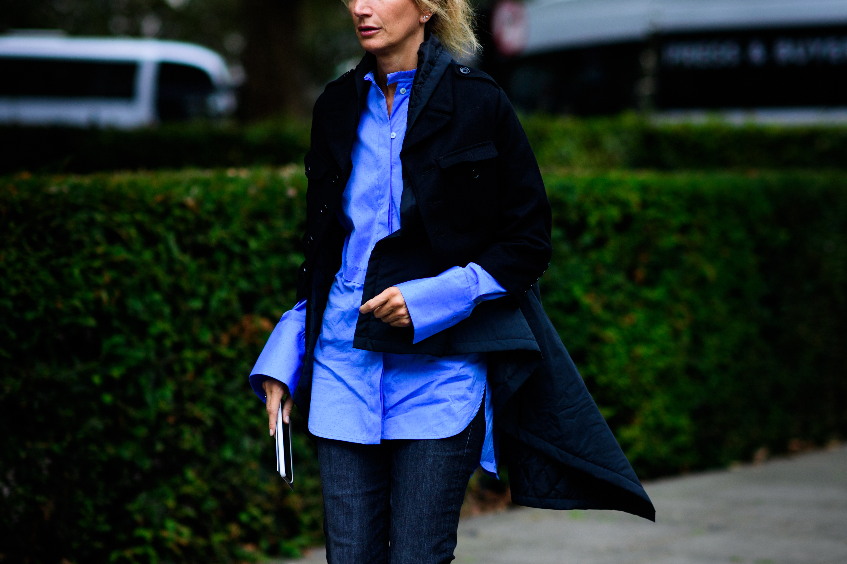 Woman in blue shirts after the show