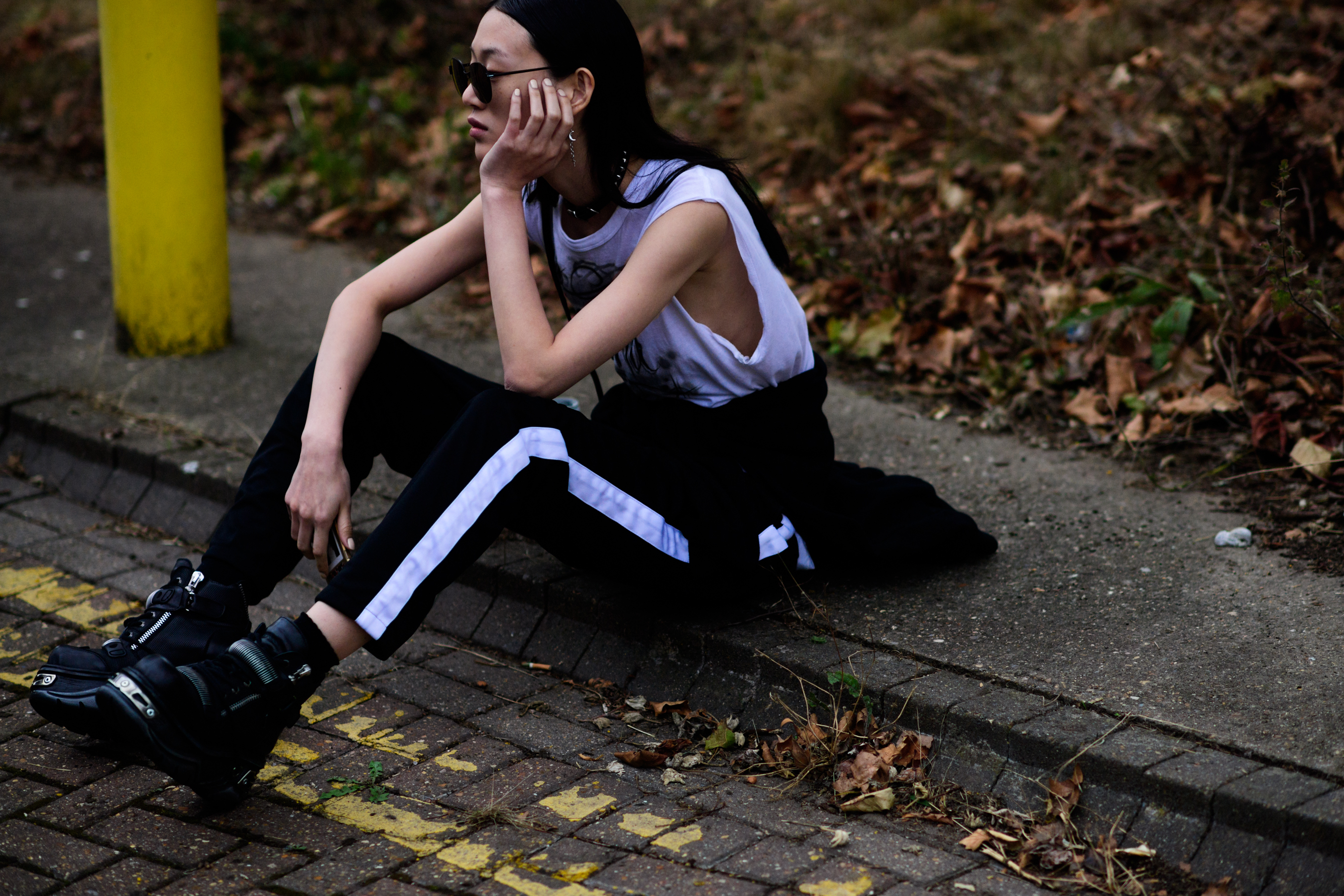 Korean model wearing black boots