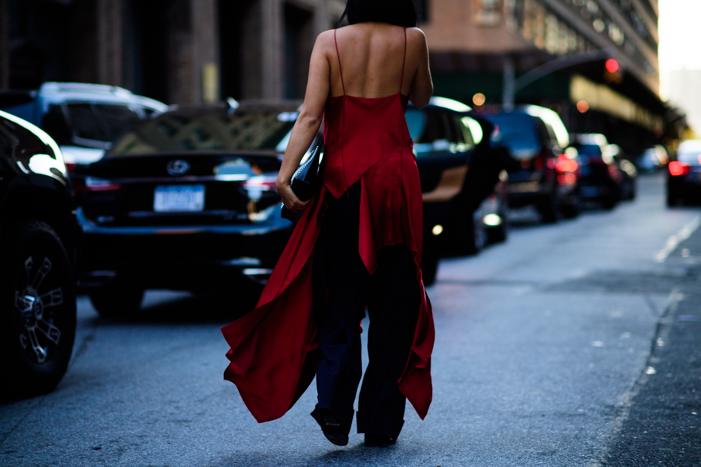 Selfridges buyer wearing red dress