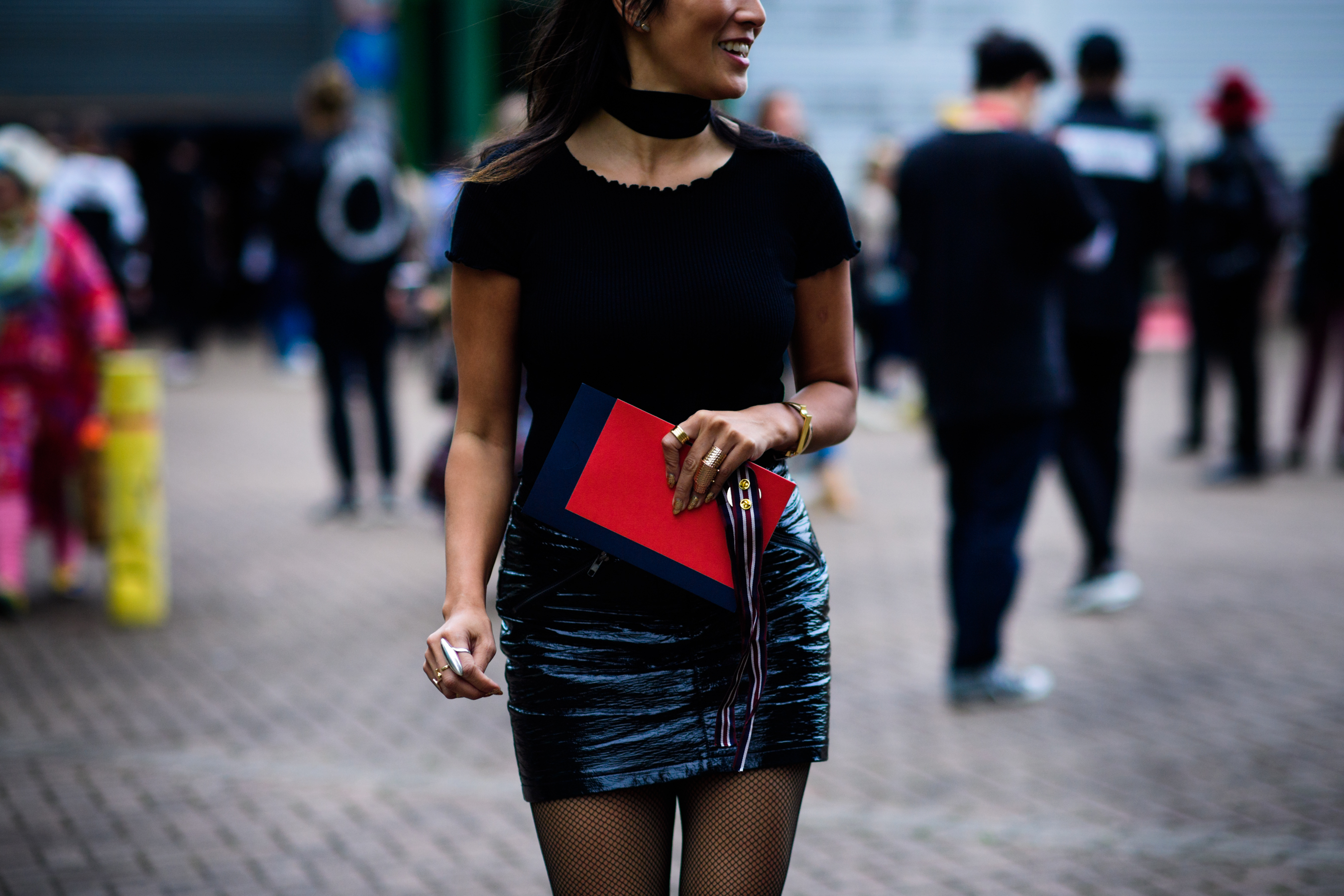 Woman wearing leather mini skirt