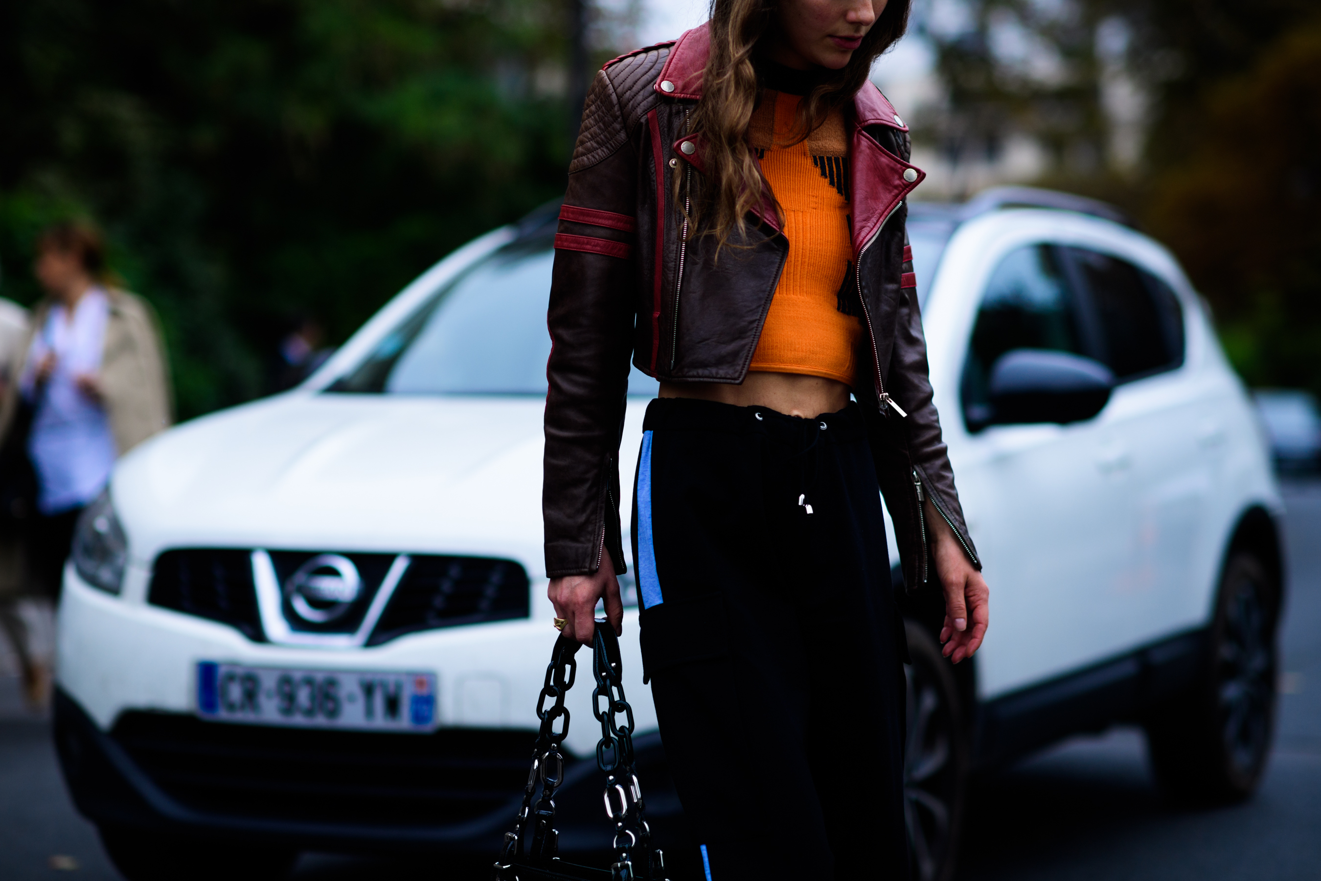 Swiss stylist wearing leather jacket