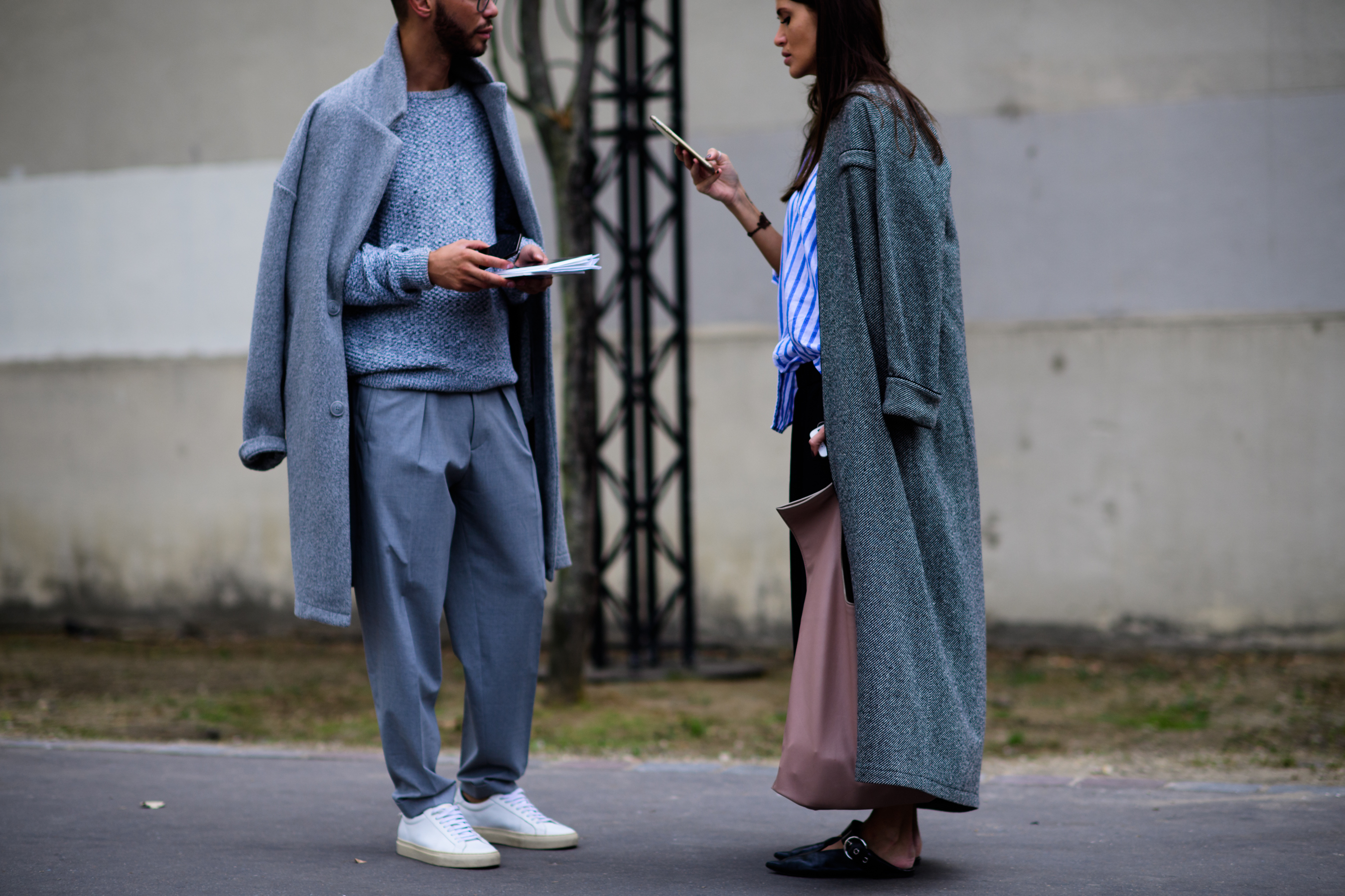 Couple wearing grey wool after Céline