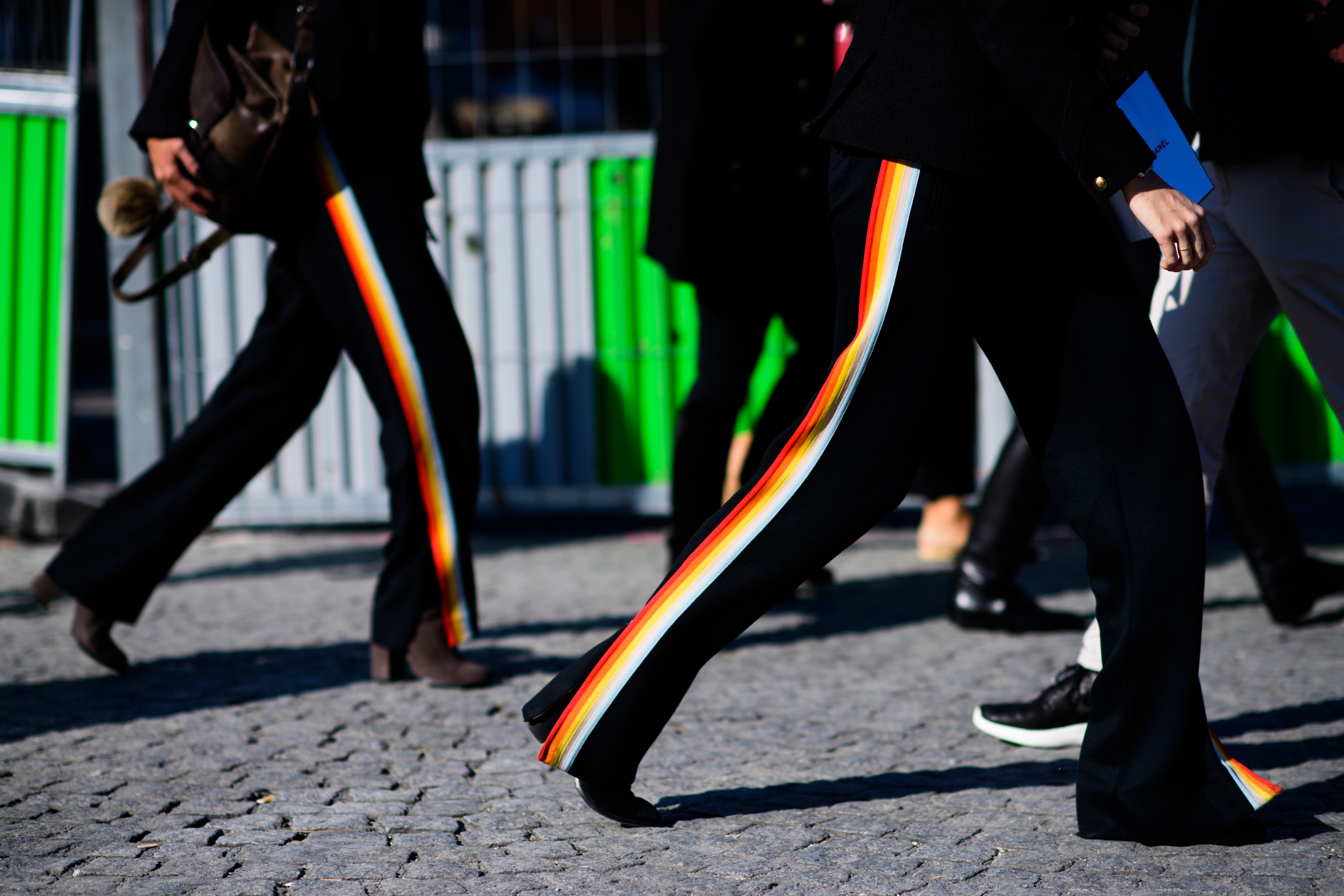 Closeup of legs in striped trousers