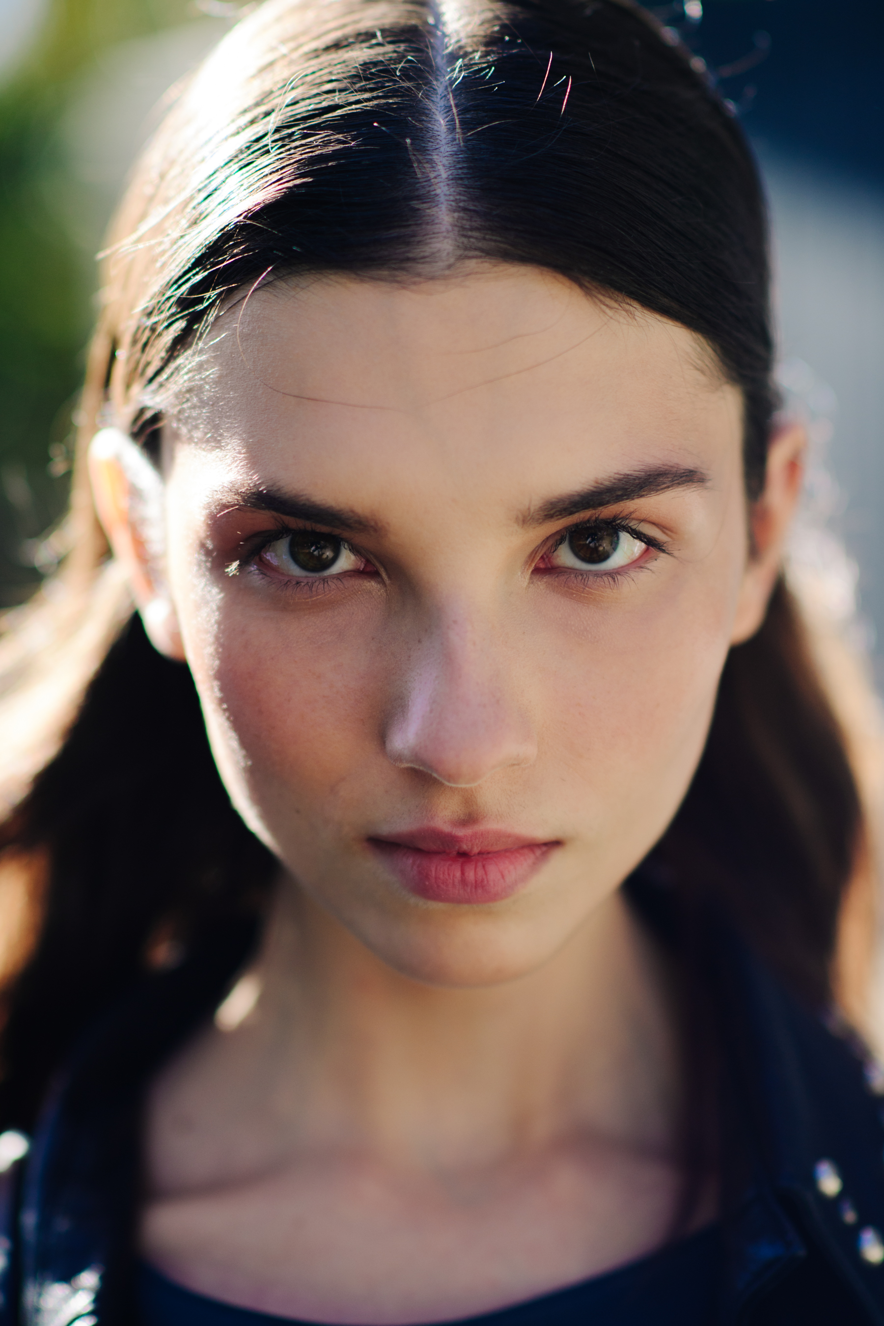 Portrait of model with dark eyes and long nose